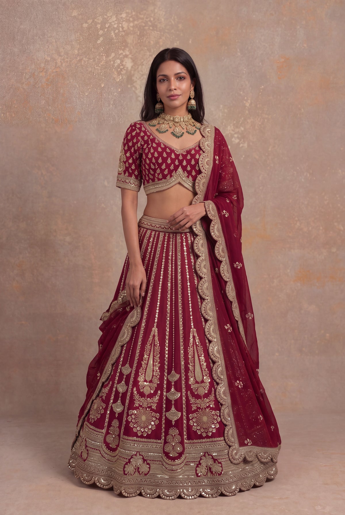 Maroon Raw Silk Lehenga Set with Cutdana Work
