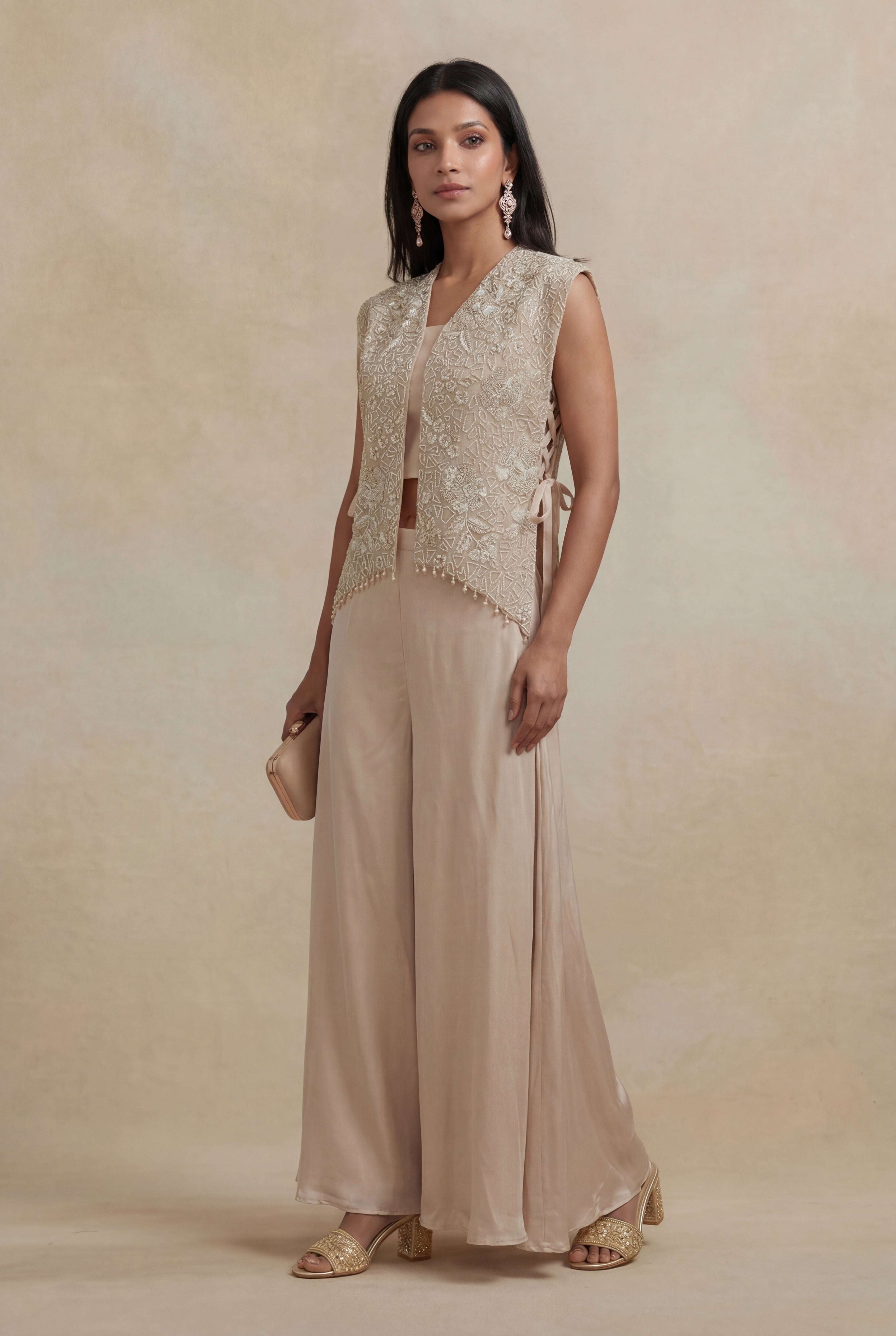 Champagne Beige Organza Indo-Western Co-Ord Set
