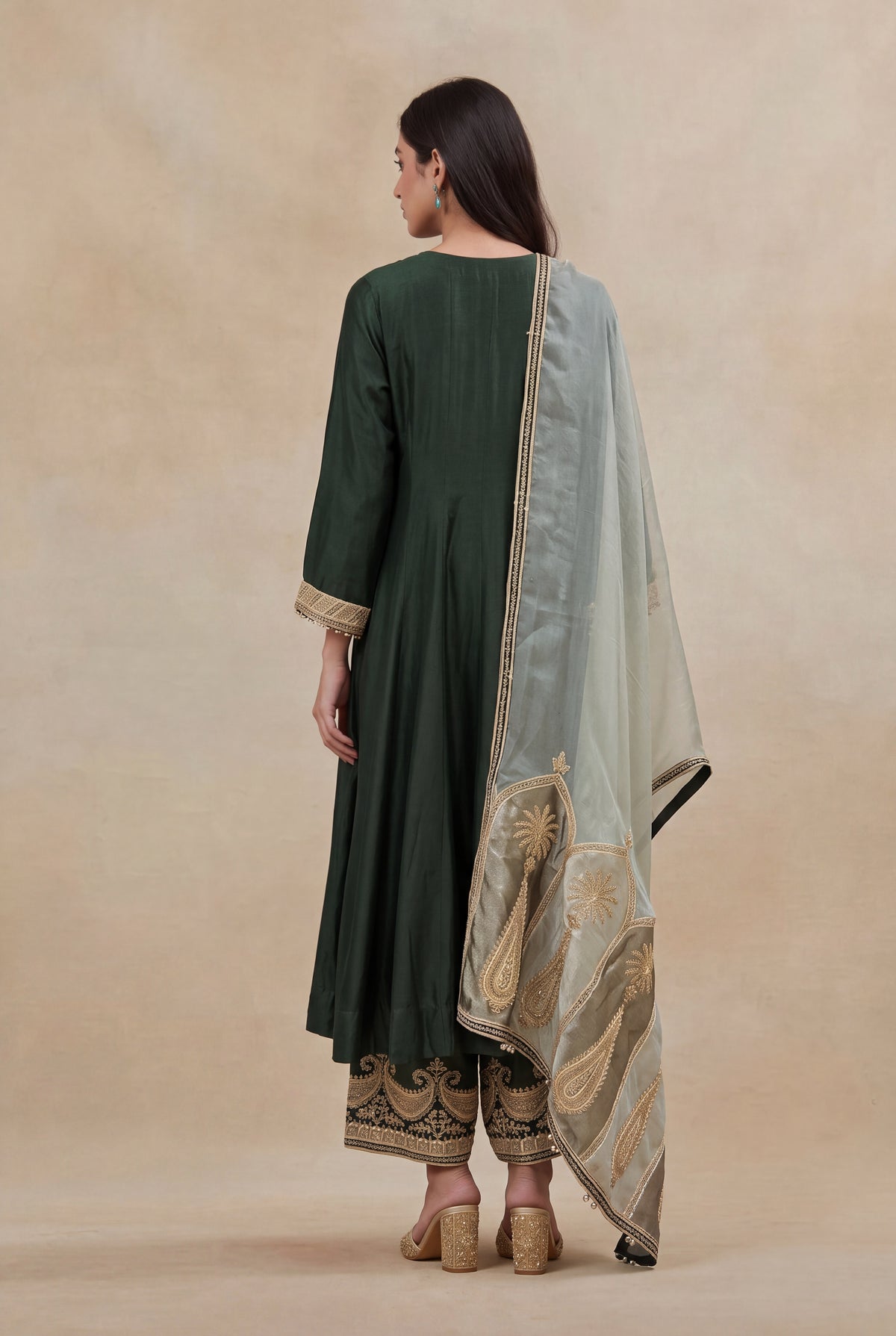 Bottle Green Silk A-Line Salwar Suit with Tissue Dupatta - Mokshaa