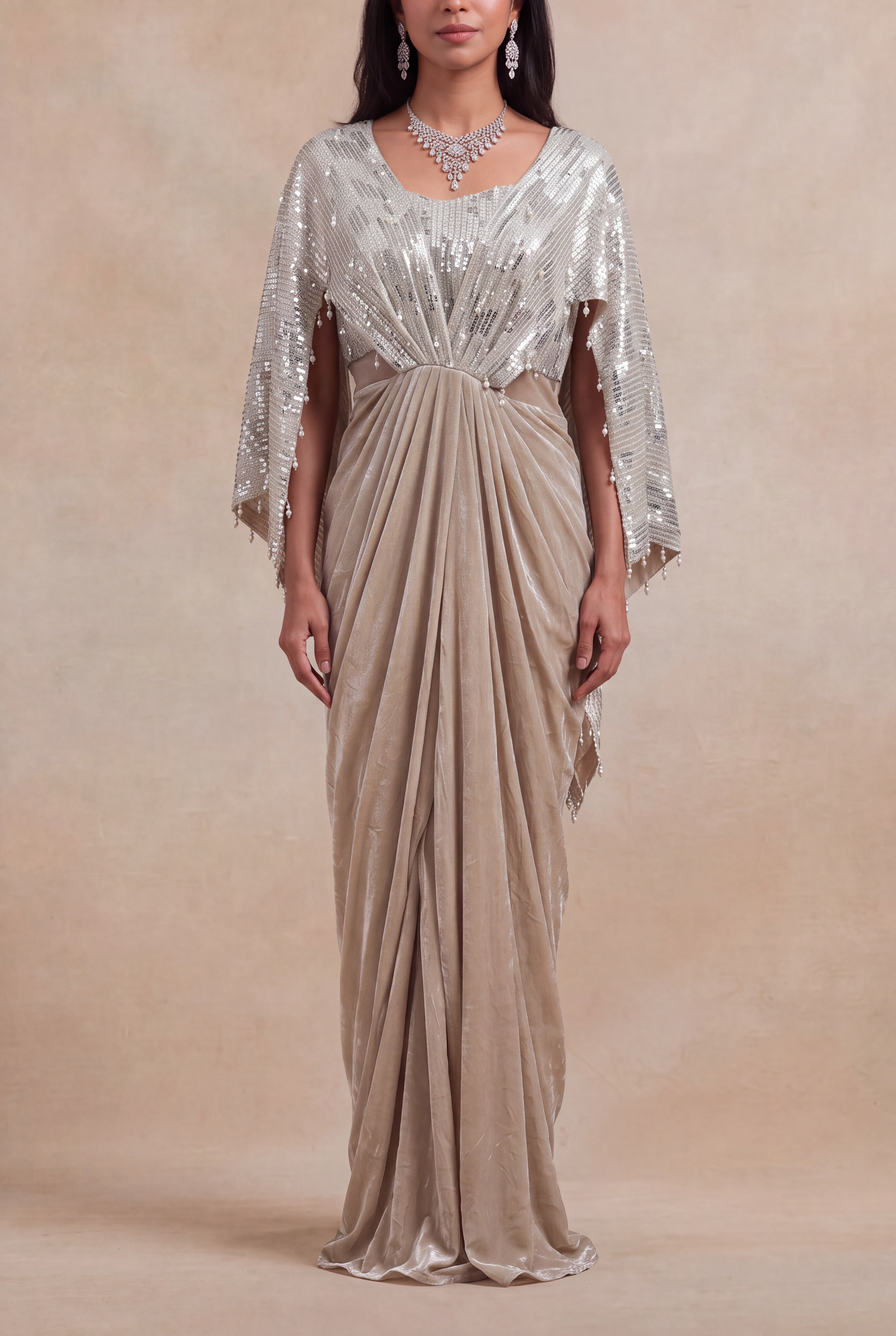 Champagne Silver Sequin & Pearl Draped Gown