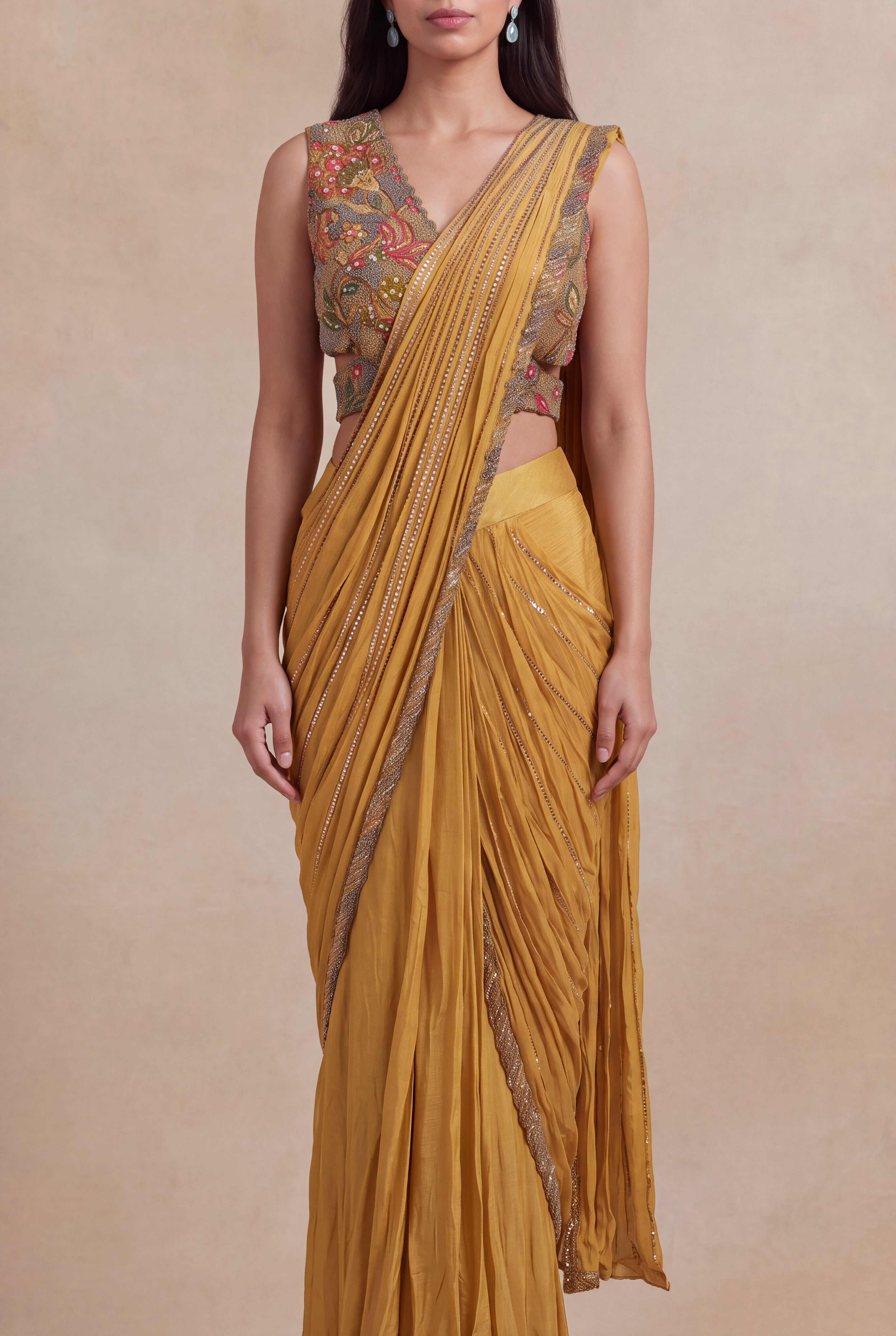 Mustard Yellow Draped Saree with Metallic Embroidered Blouse
