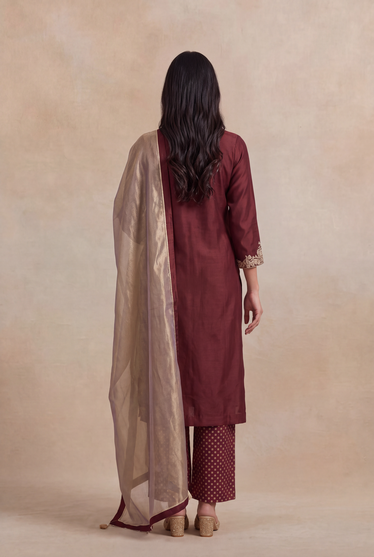 Wine Raw Silk Zardosi A-Line Salwar Set