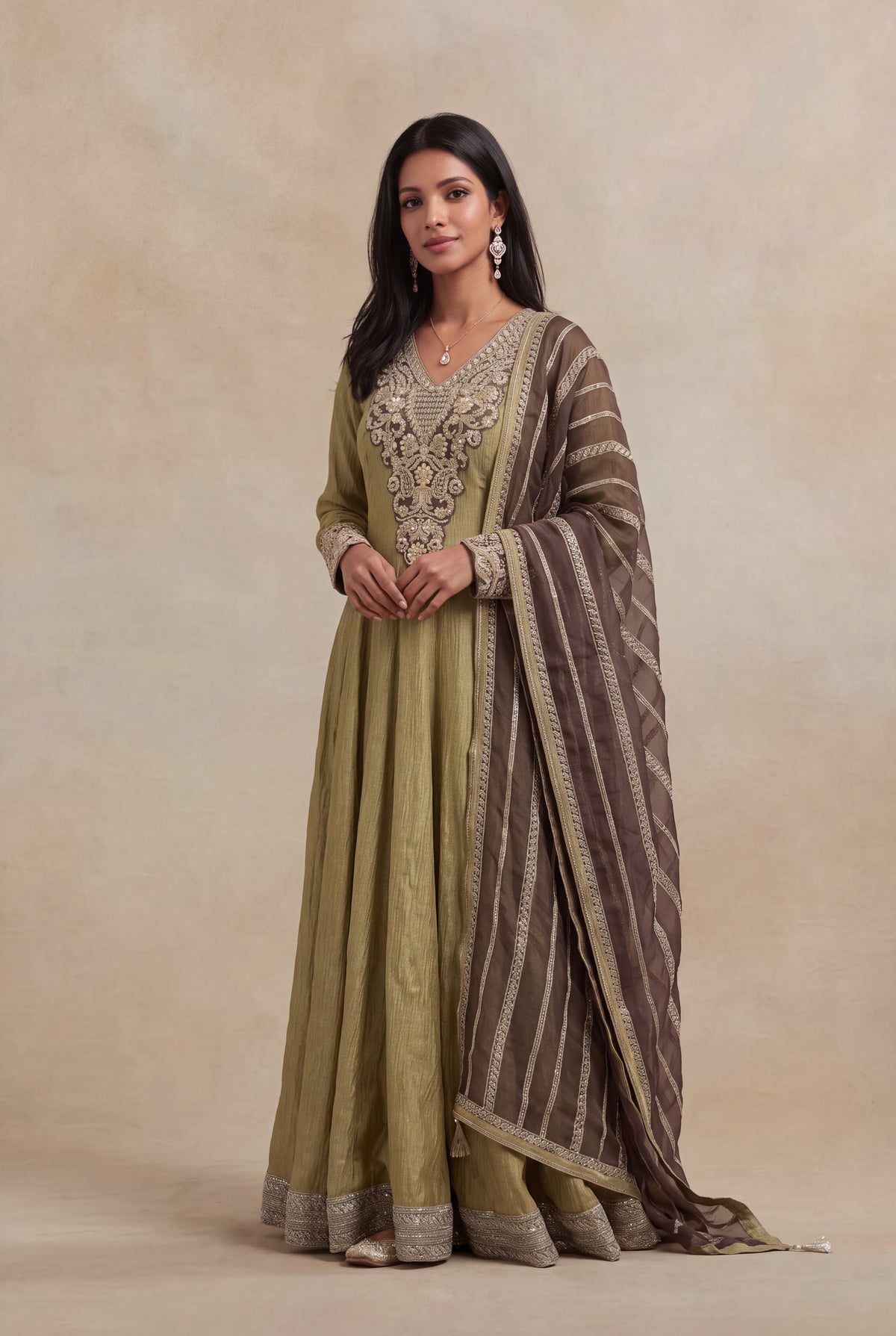 Olive Crush Tissue Anarkali
