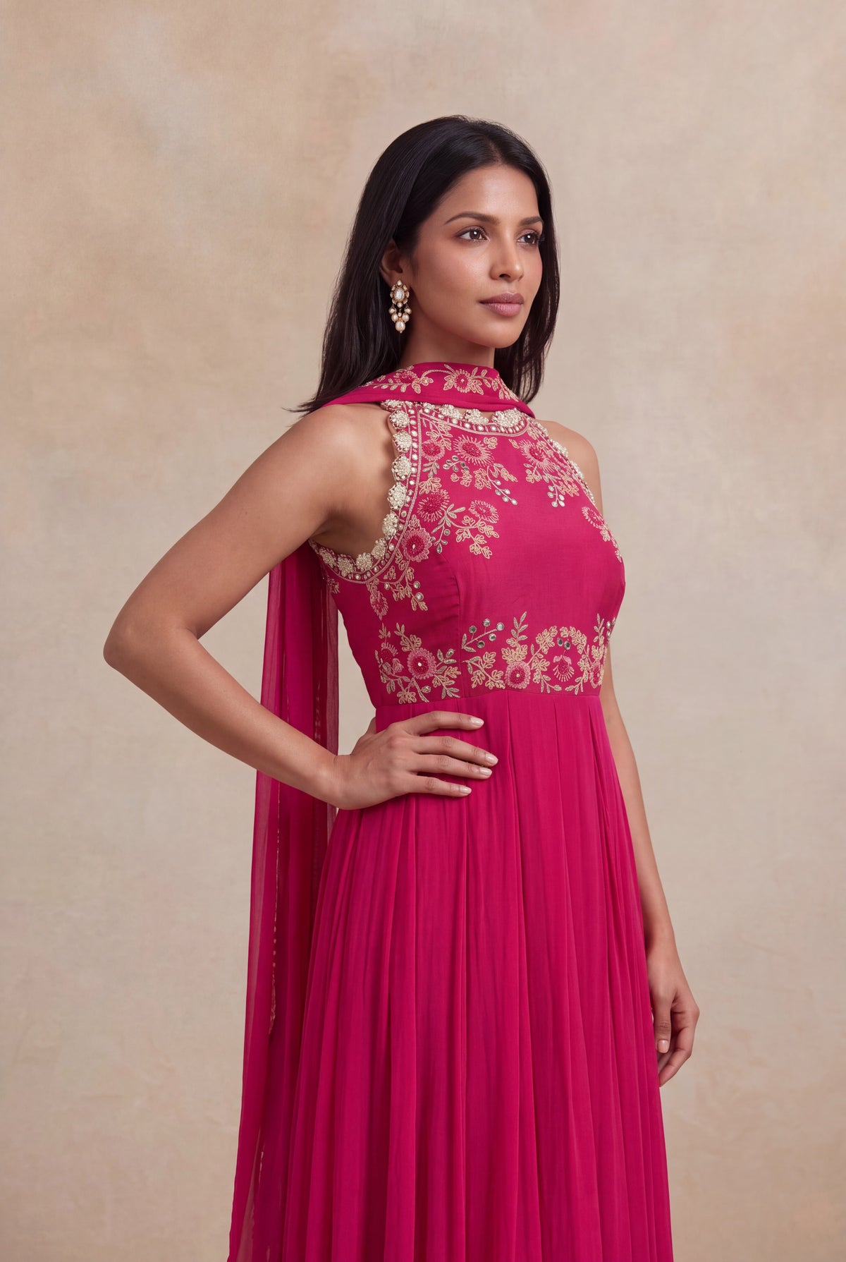 Rani Pink Embroidered Gown with Choker Dupatta