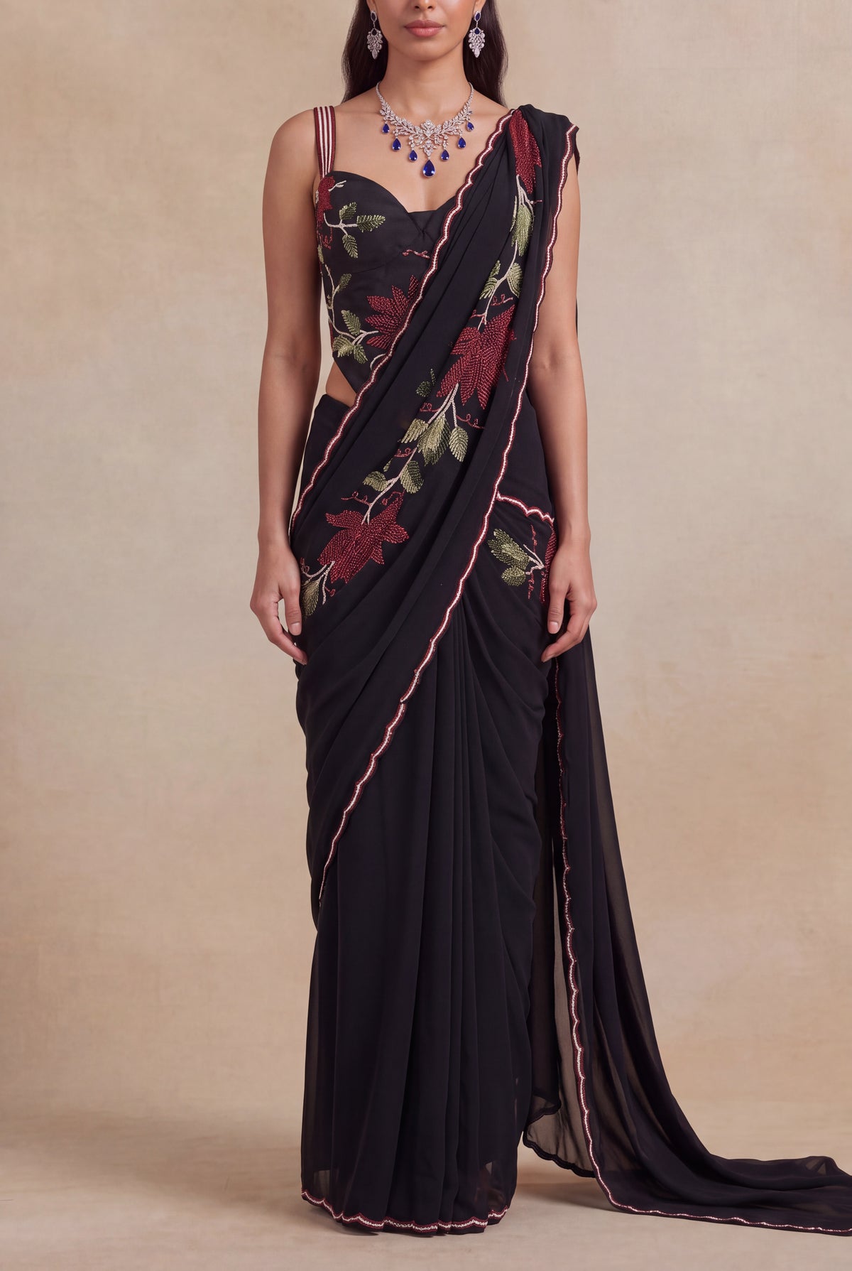 Black Georgette Draped Saree with Floral Sequin Work - Mokshaa