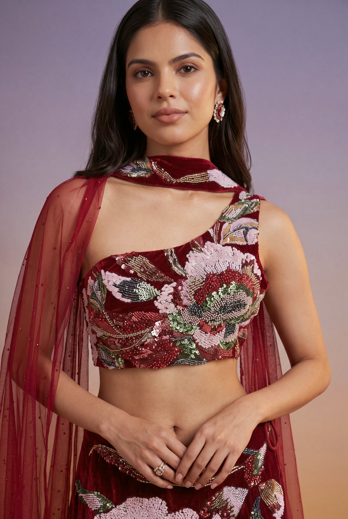 Cherry Red Velvet Lehenga Set with Cutdana and Pearl Embroidery