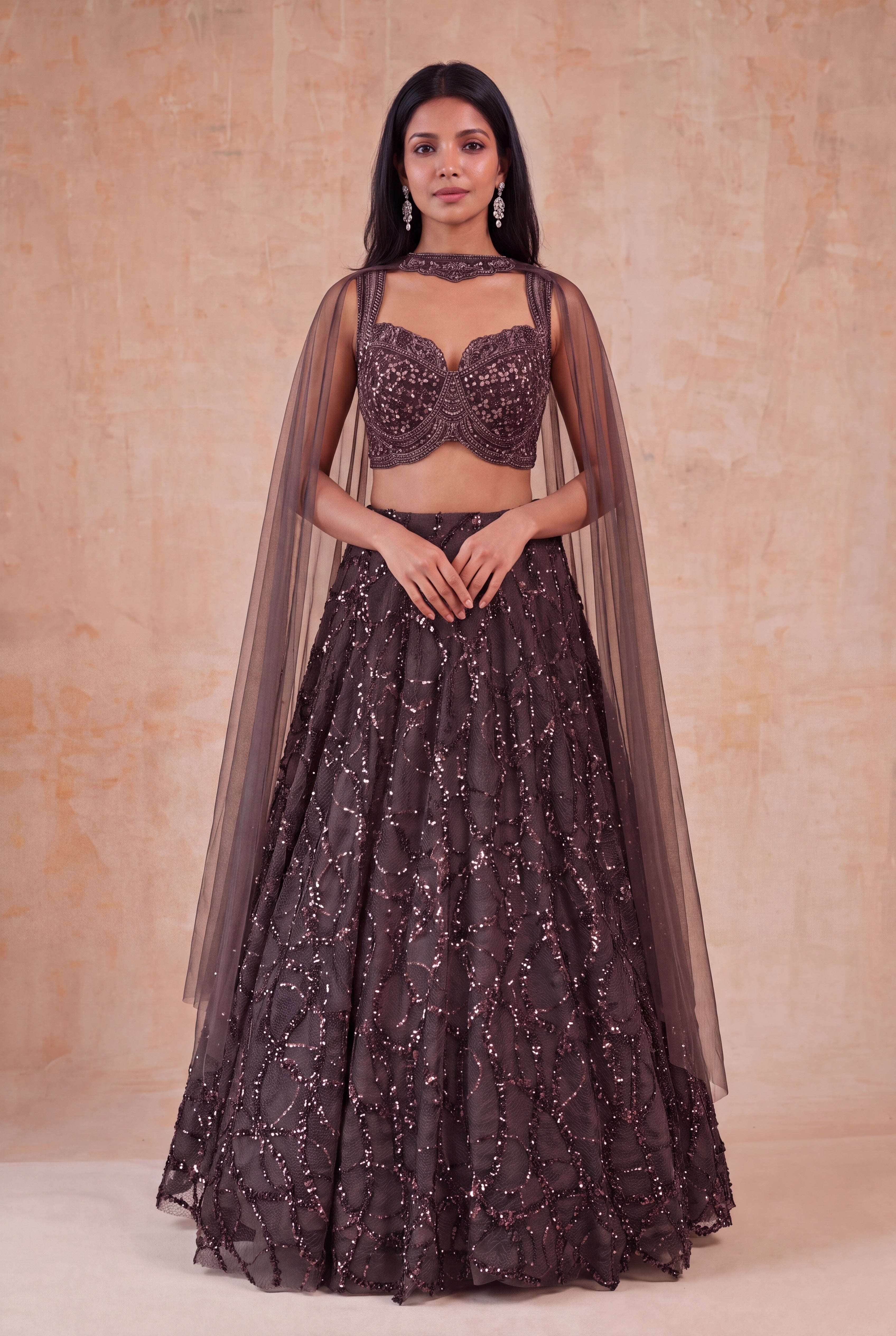 Chocolate Brown Net Lehenga
