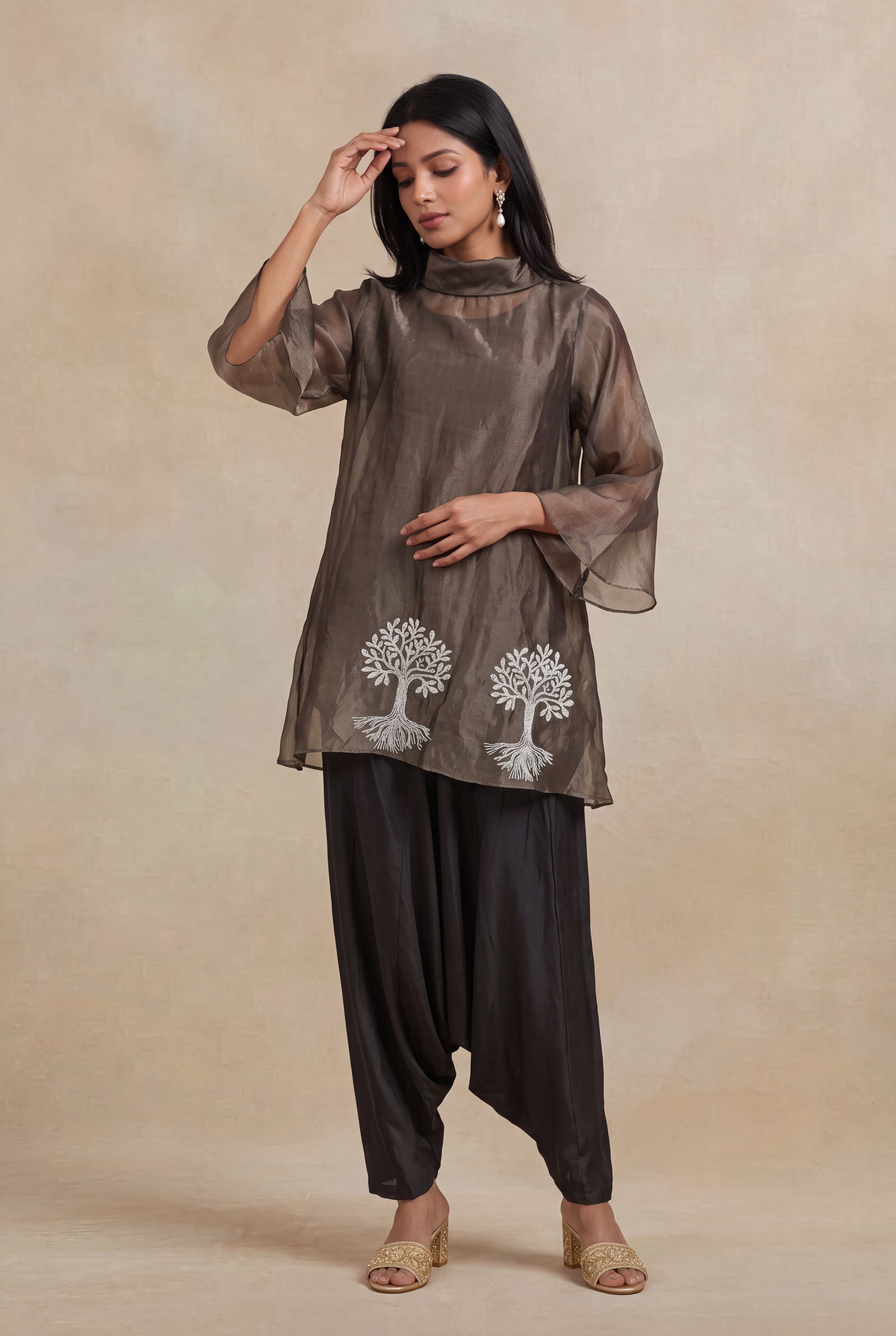 Taupe Tissue Indo-Western Co-Ord Set