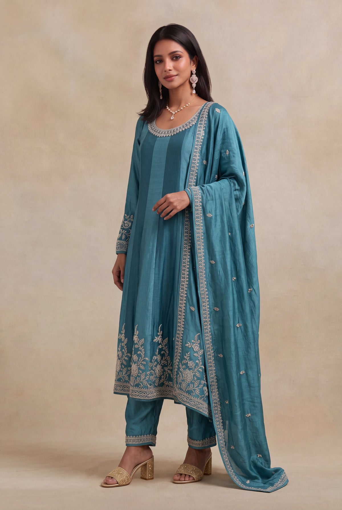 Teal Blue Raw Silk Anarkali Set