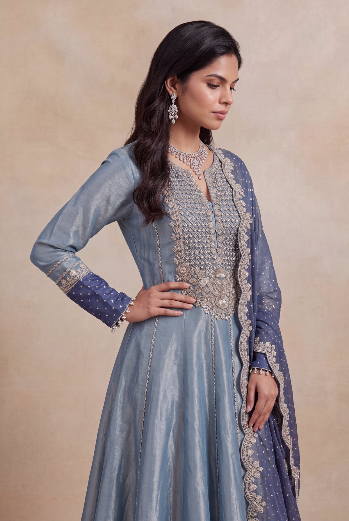 Blue Tissue Anarkali Set