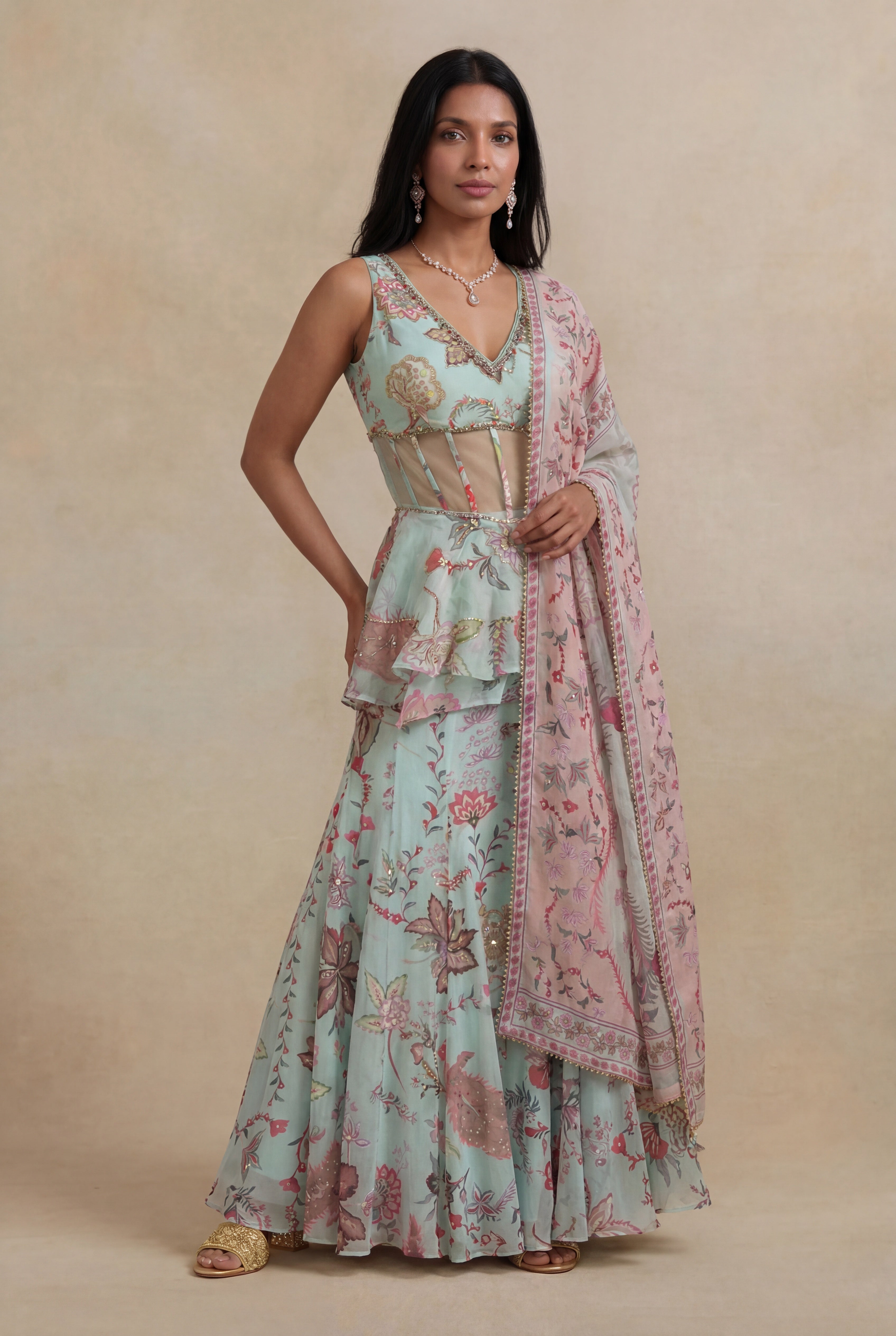 Pastel Mint Organza Printed Indo-Western Skirt Set