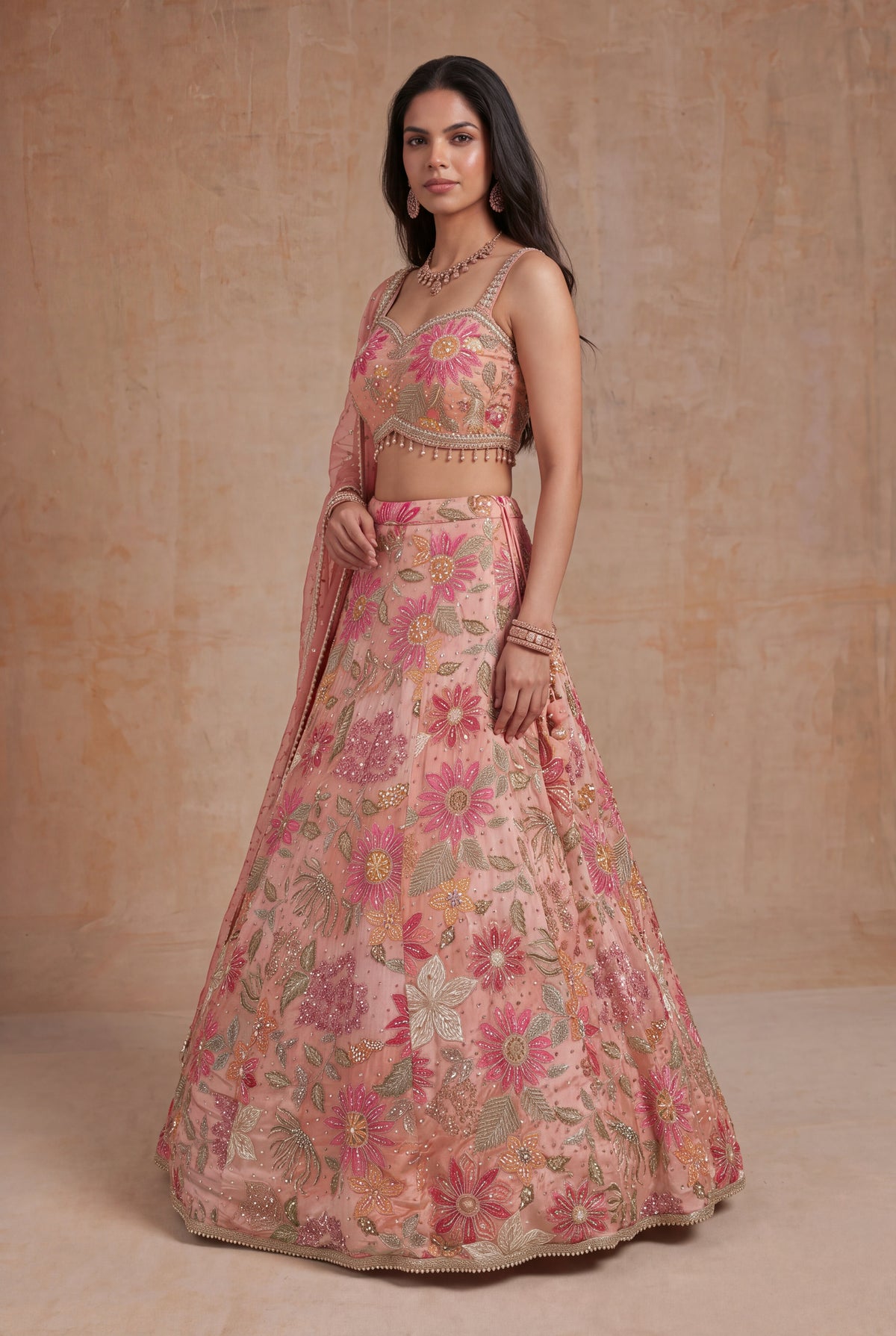 Peach Crepe Silk Lehenga