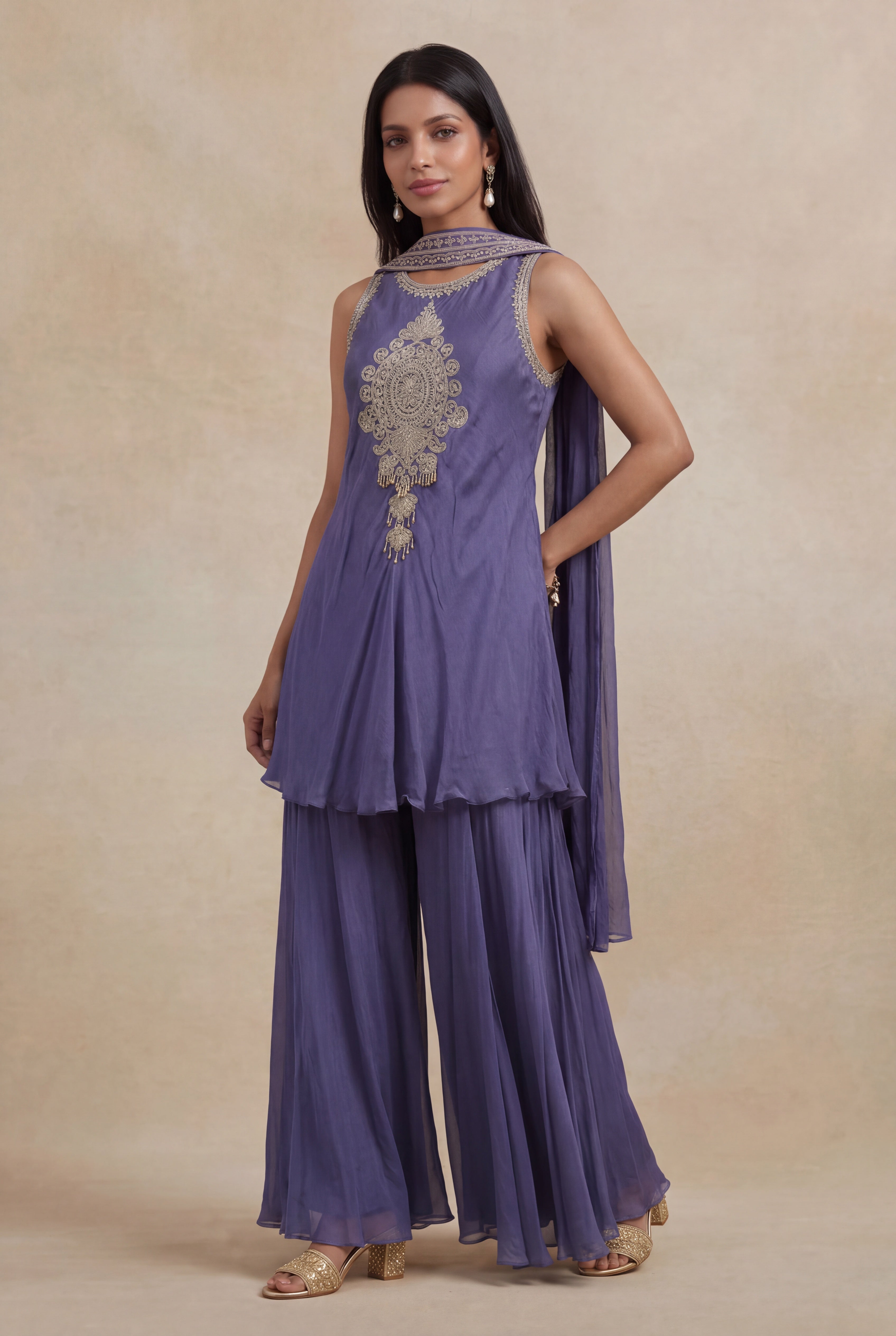 Slate Violet Chinon Katdana & Sequin Indo Western Set