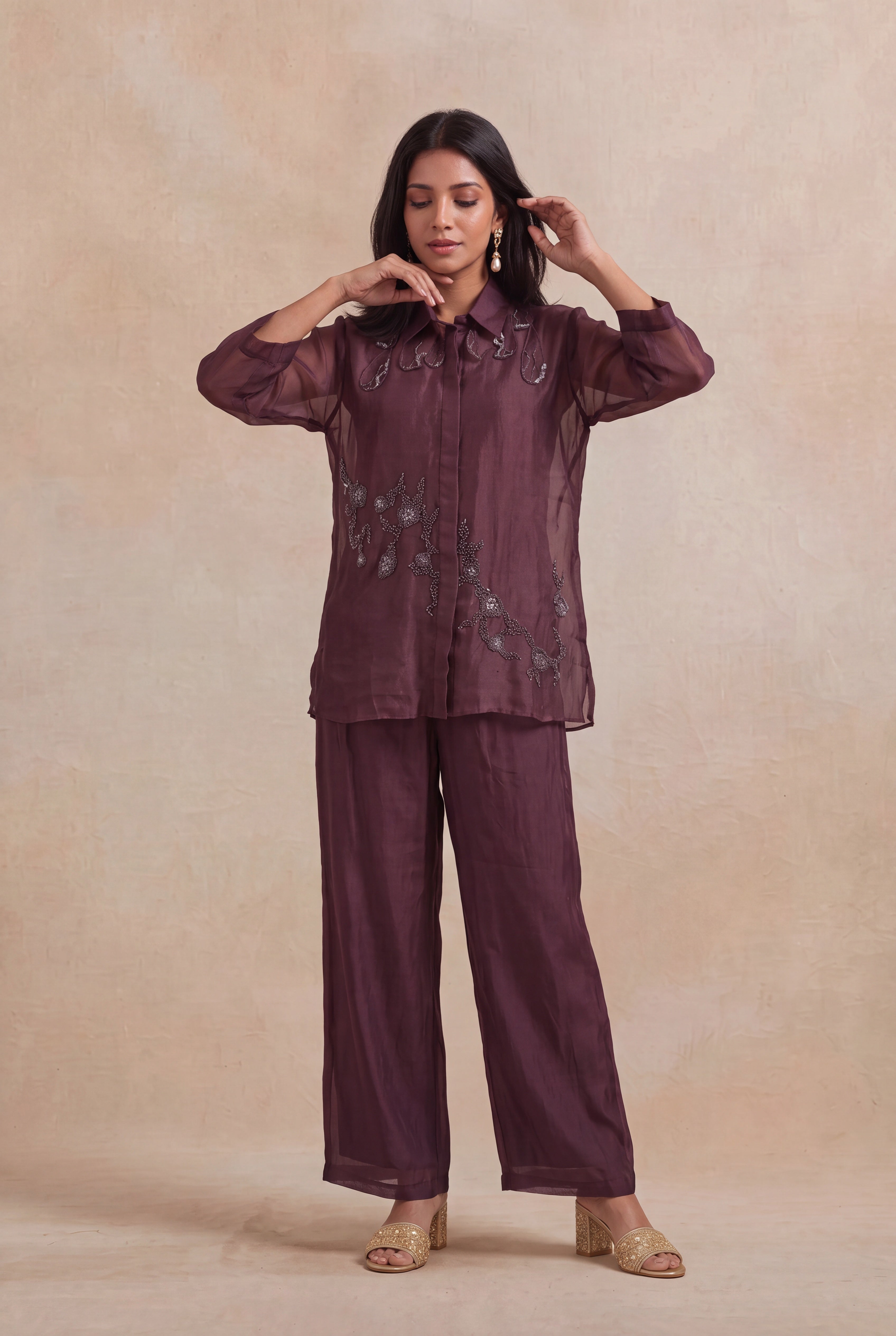 Wine Organza Embellished Co-ord Set