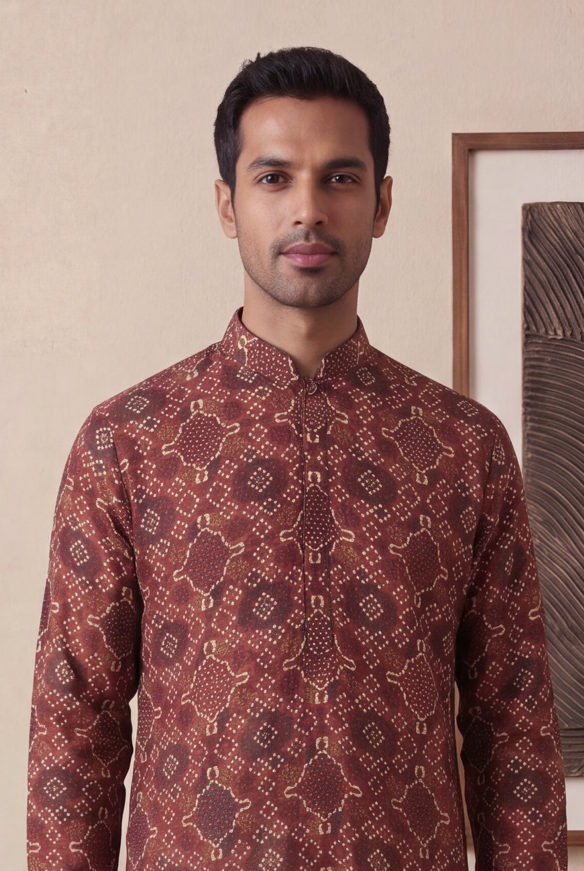 Maroon Chanderi Silk Bandhani Kurta Pant Set