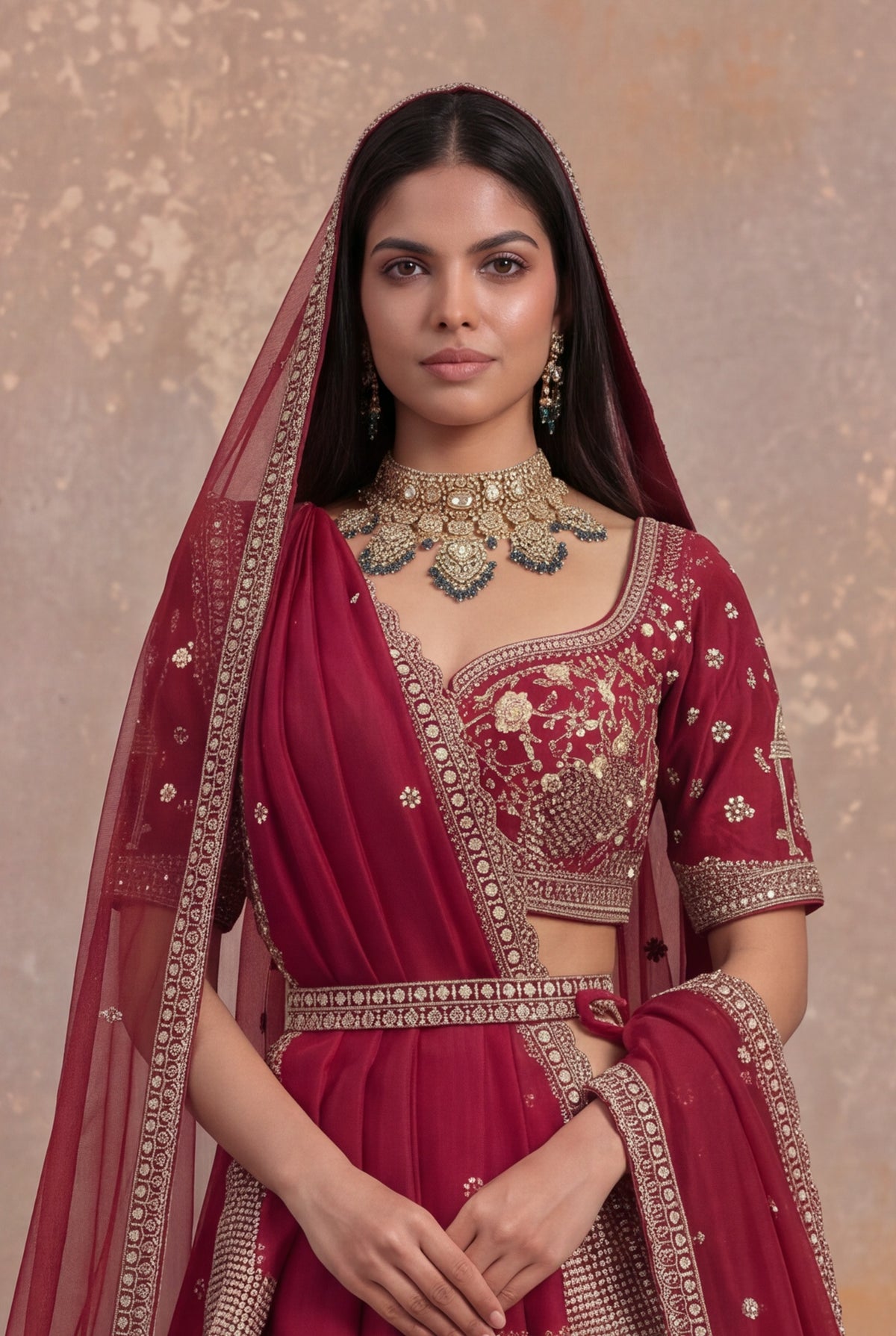 Maroon Raw Silk Lehenga Set with Thread and Cutdana Work