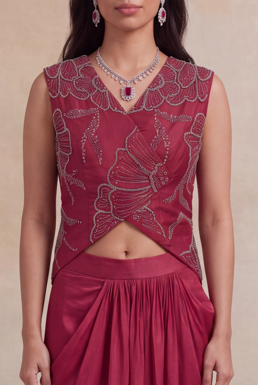Wine Indo-Western Crop Top & Drape Skirt