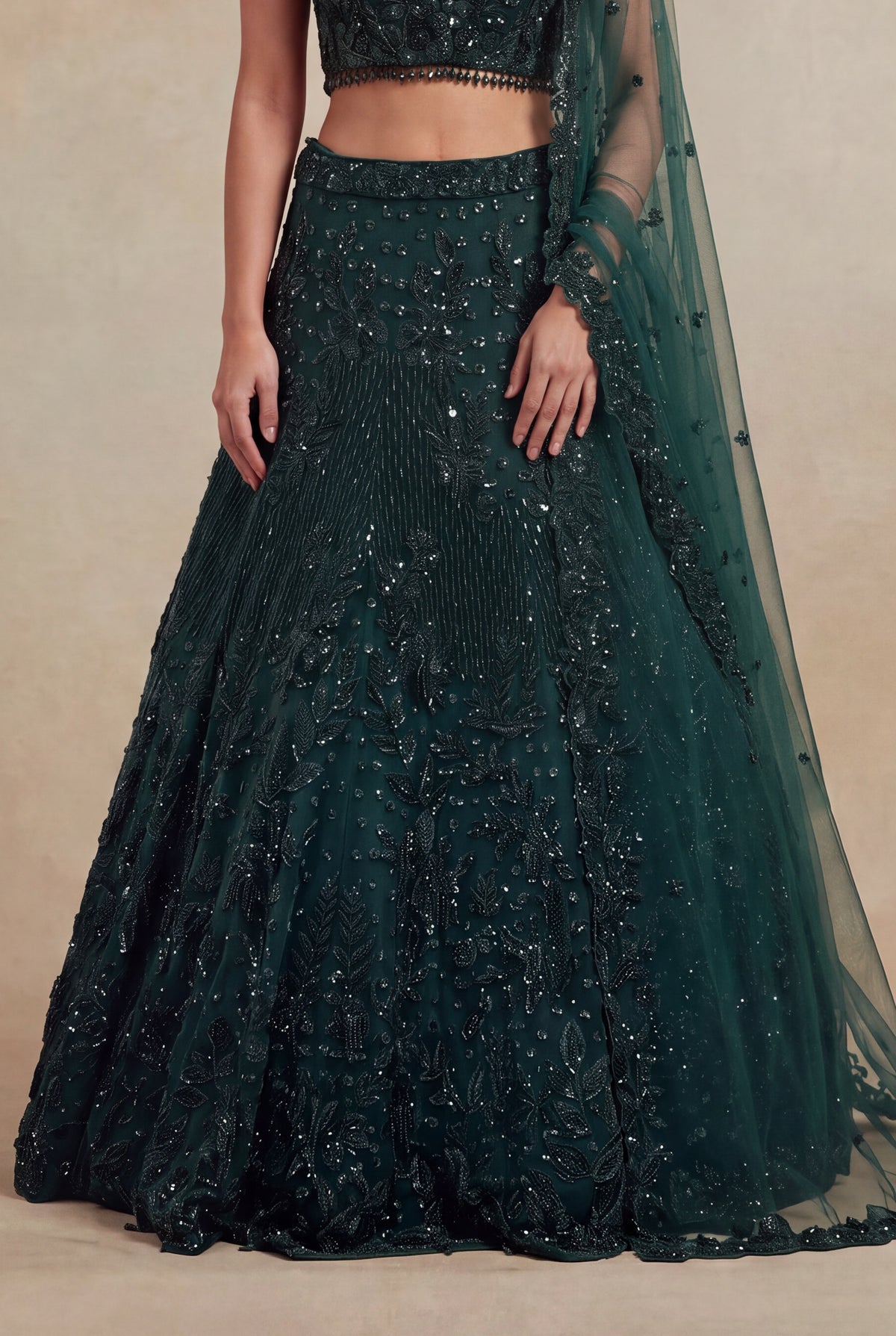 Bottle Green Net Lehenga with Sequin & Beadwork