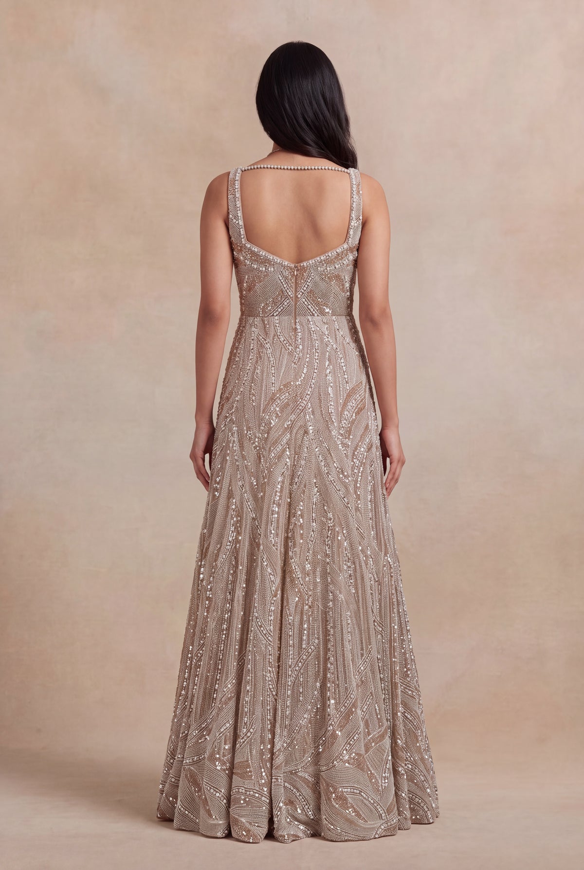 Champagne Gold Sequin & Pearl Embroidered Gown