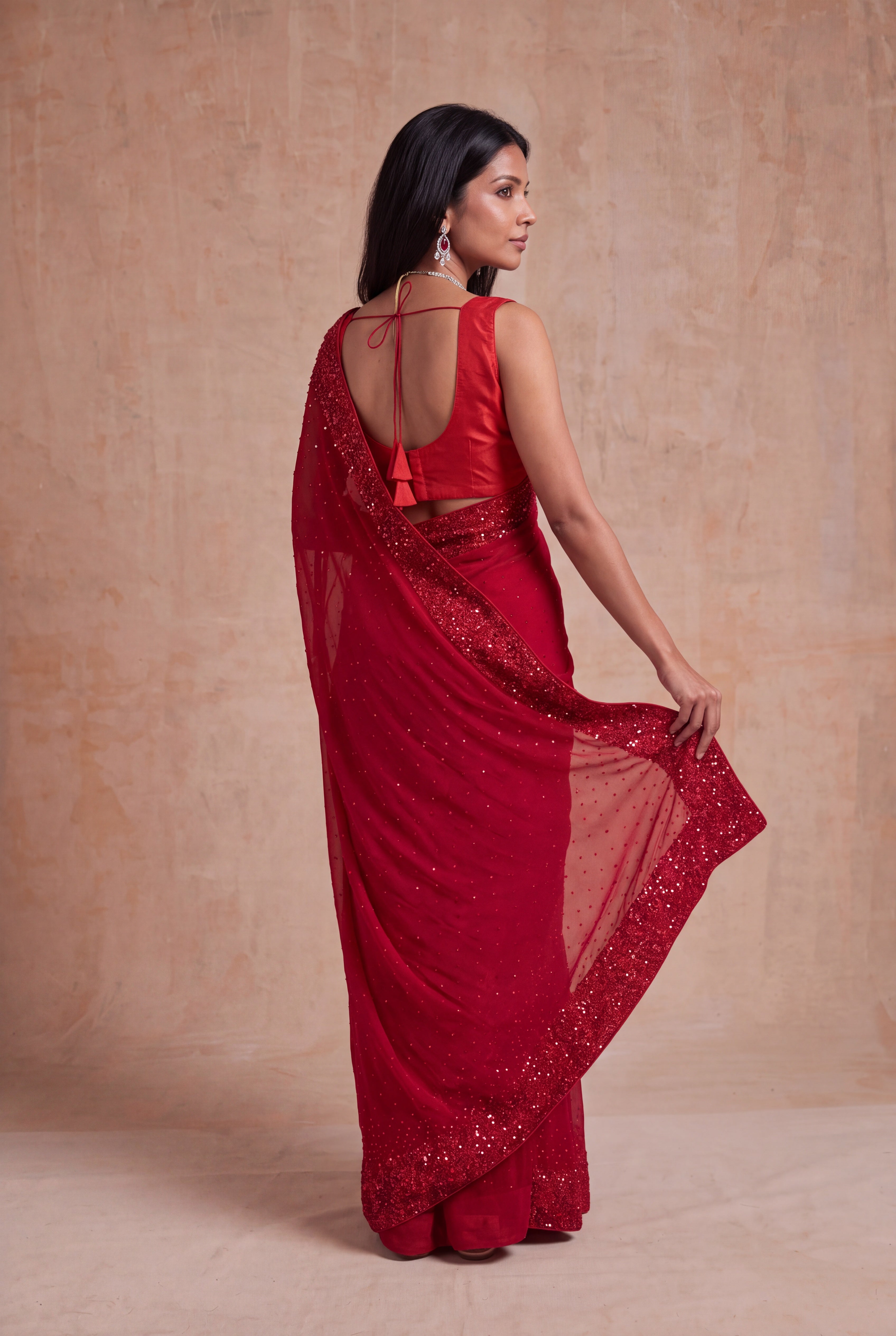 Red Crepe Saree with Sequin Work Border