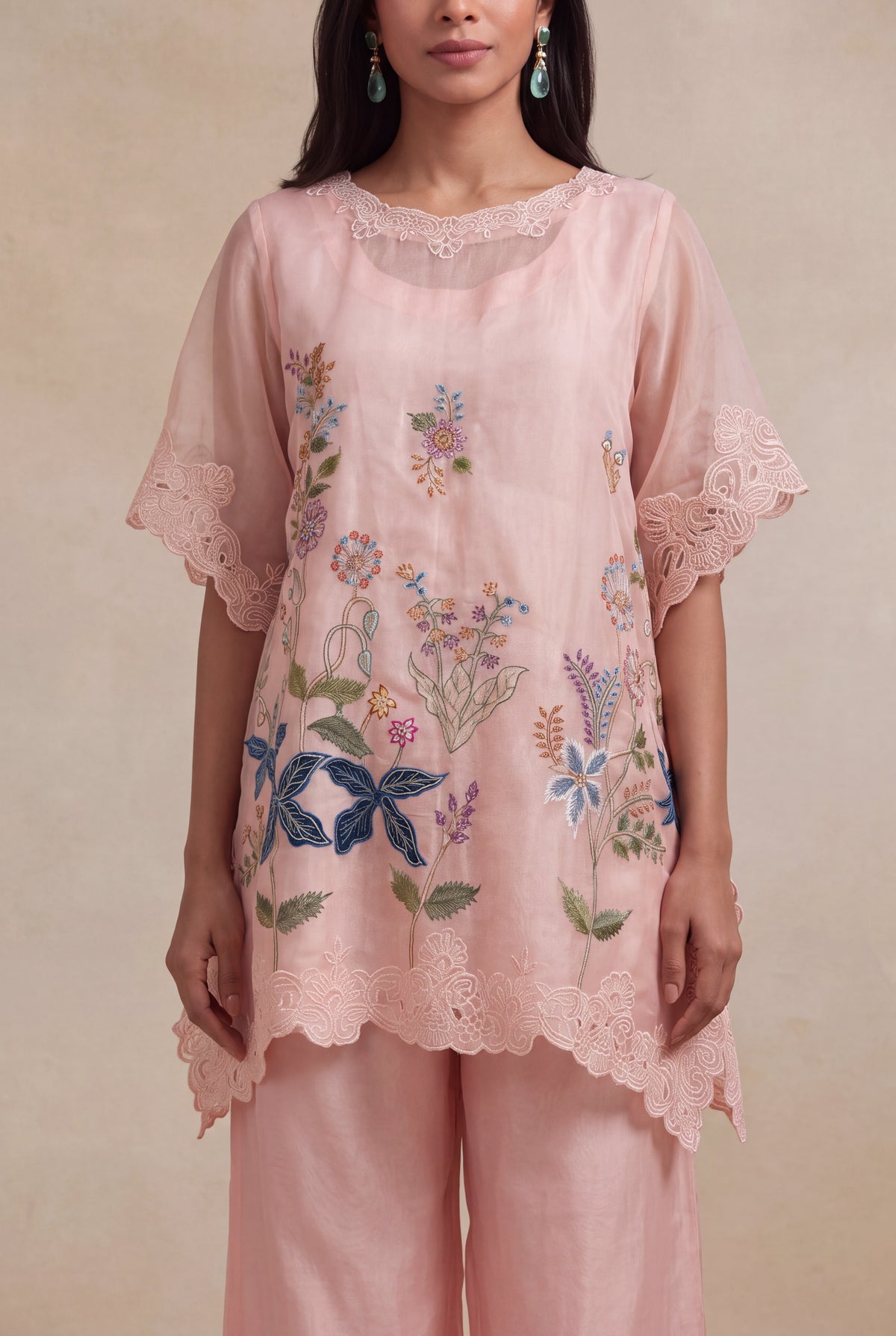 Blush Pink Organza Kaftan with Floral Thread Embroidery