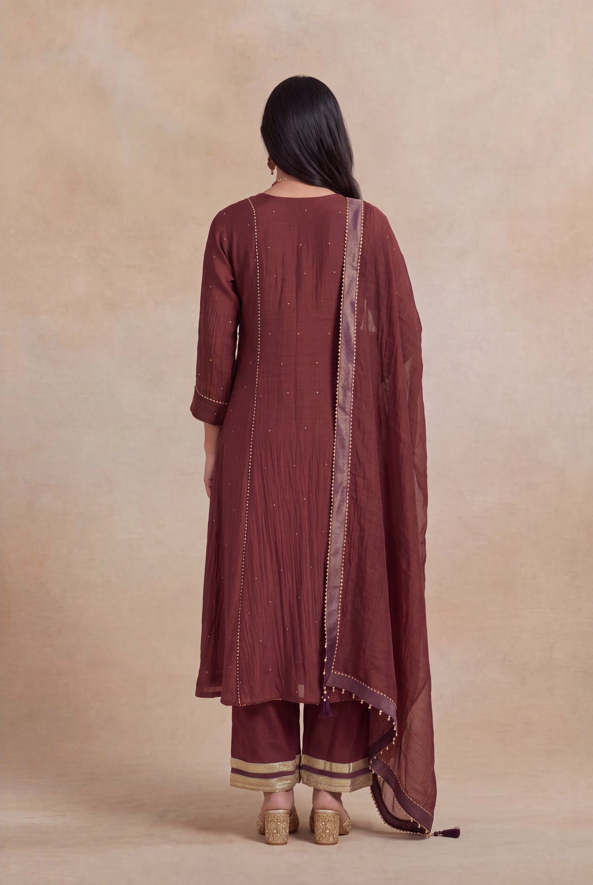 Wine Mul Cotton Zardosi A-Line Salwar Set