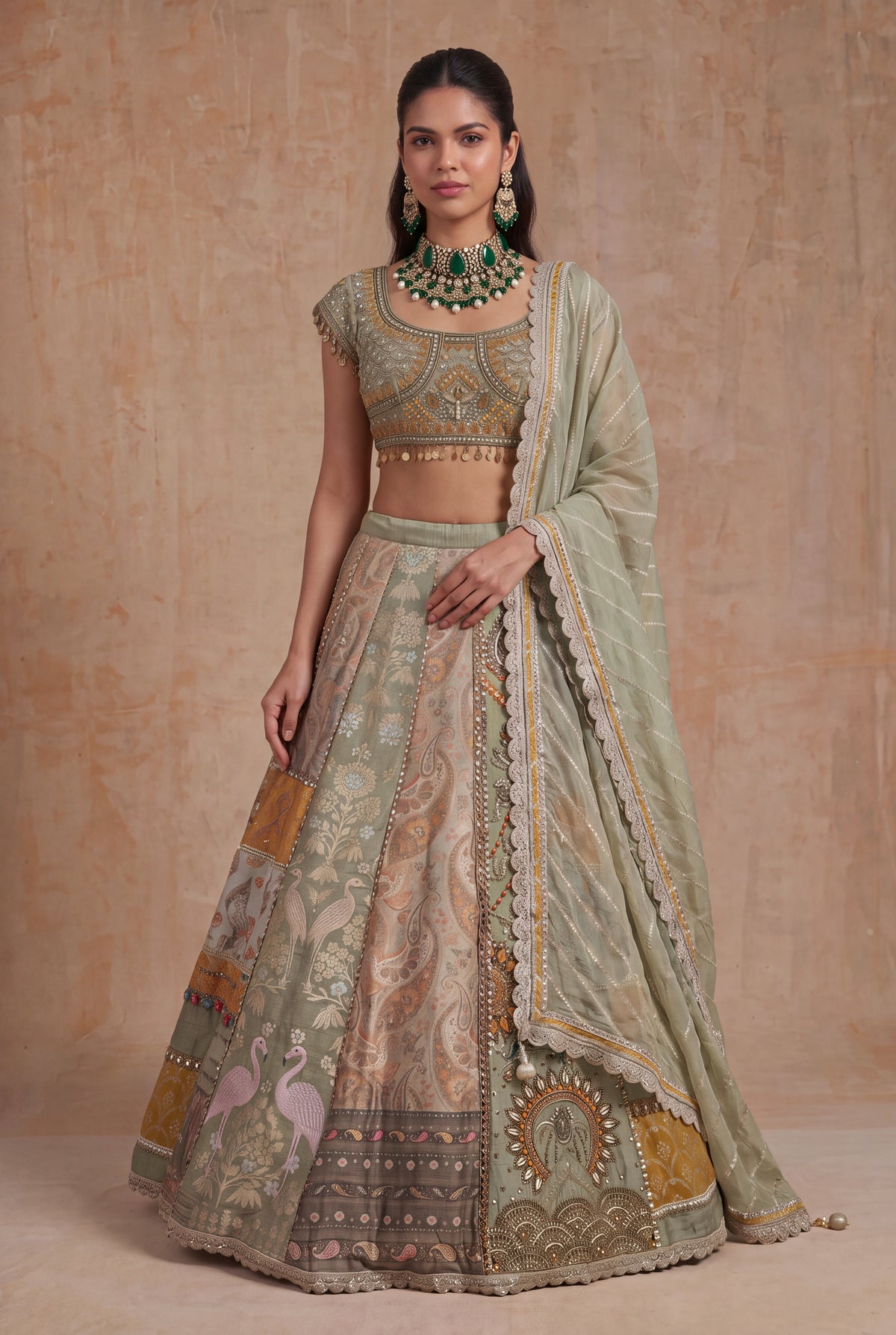 Light Green & Mustard Banarasi Printed Lehenga