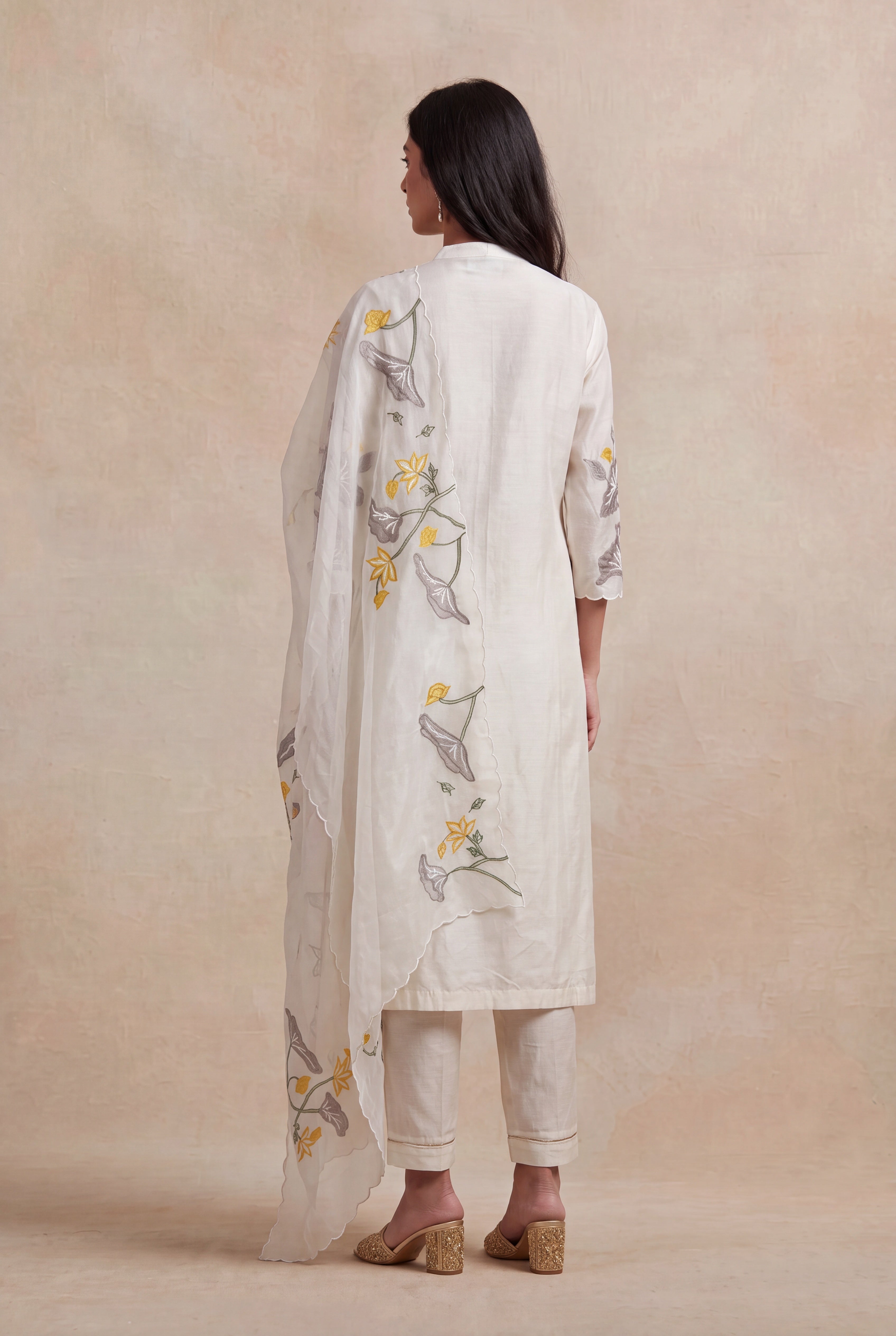 Off-White Chanderi Cotton Salwar Set with Floral Embroidery