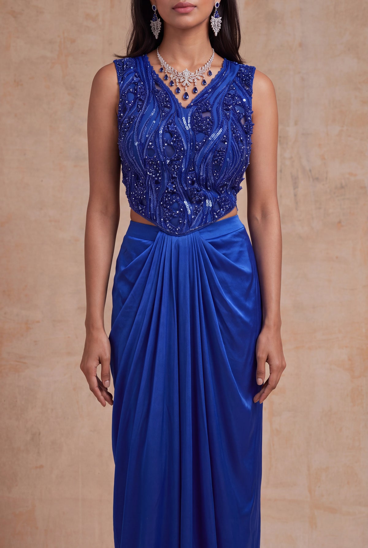 Royal Blue Embellished Draped Skirt Set