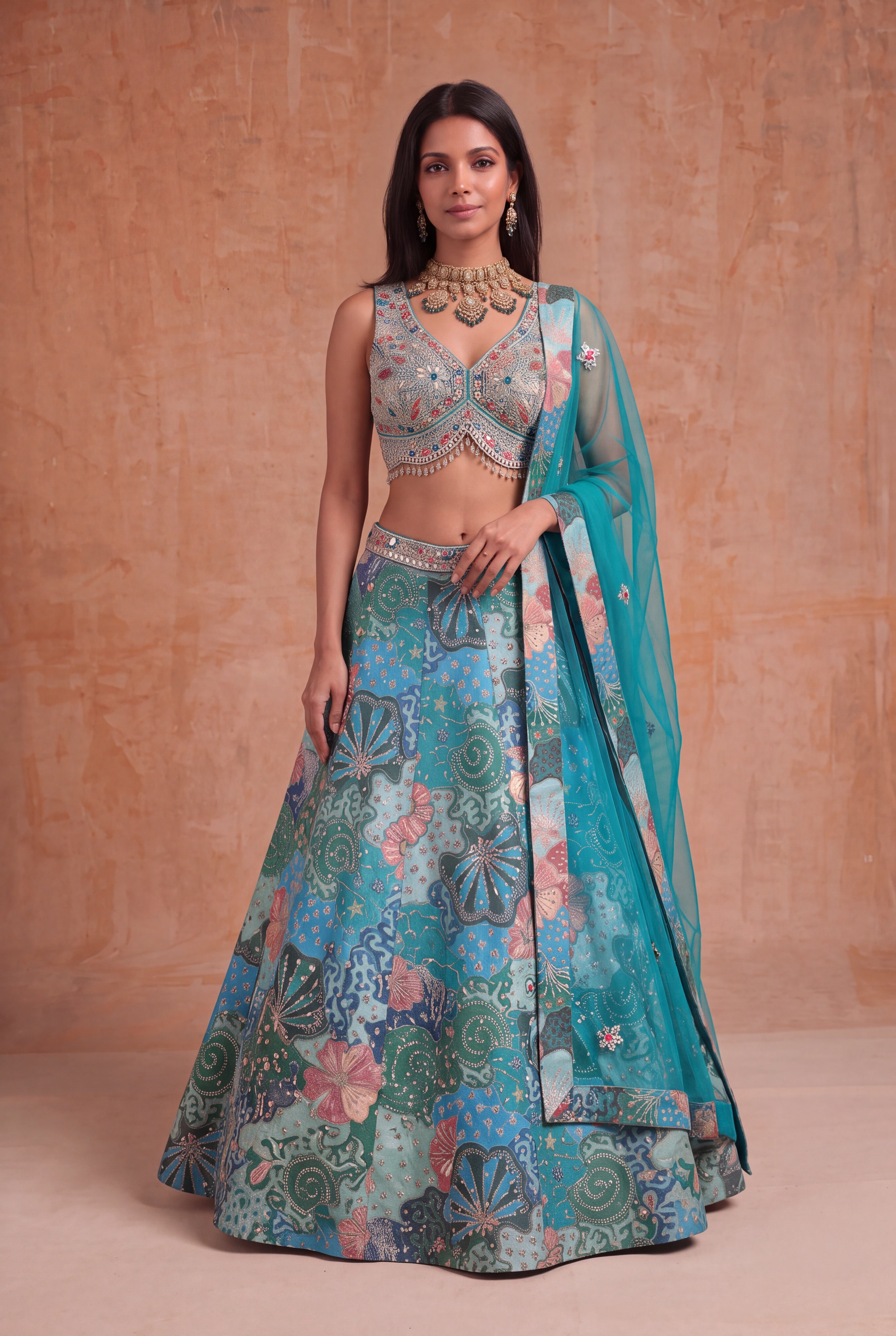 Teal Tissue Silk Floral Lehenga