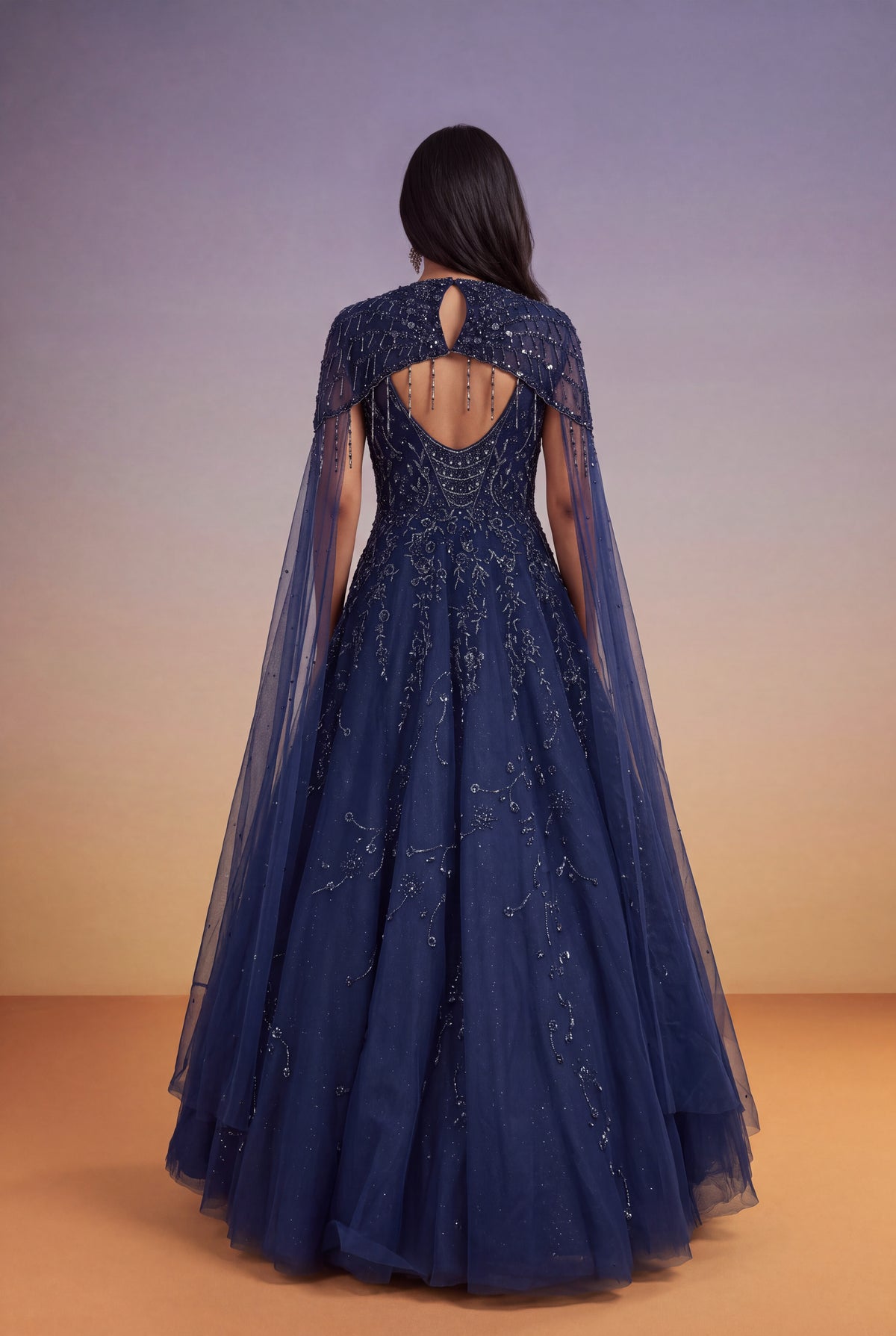Navy Blue Katdana & Sequin Net Gown with Cape