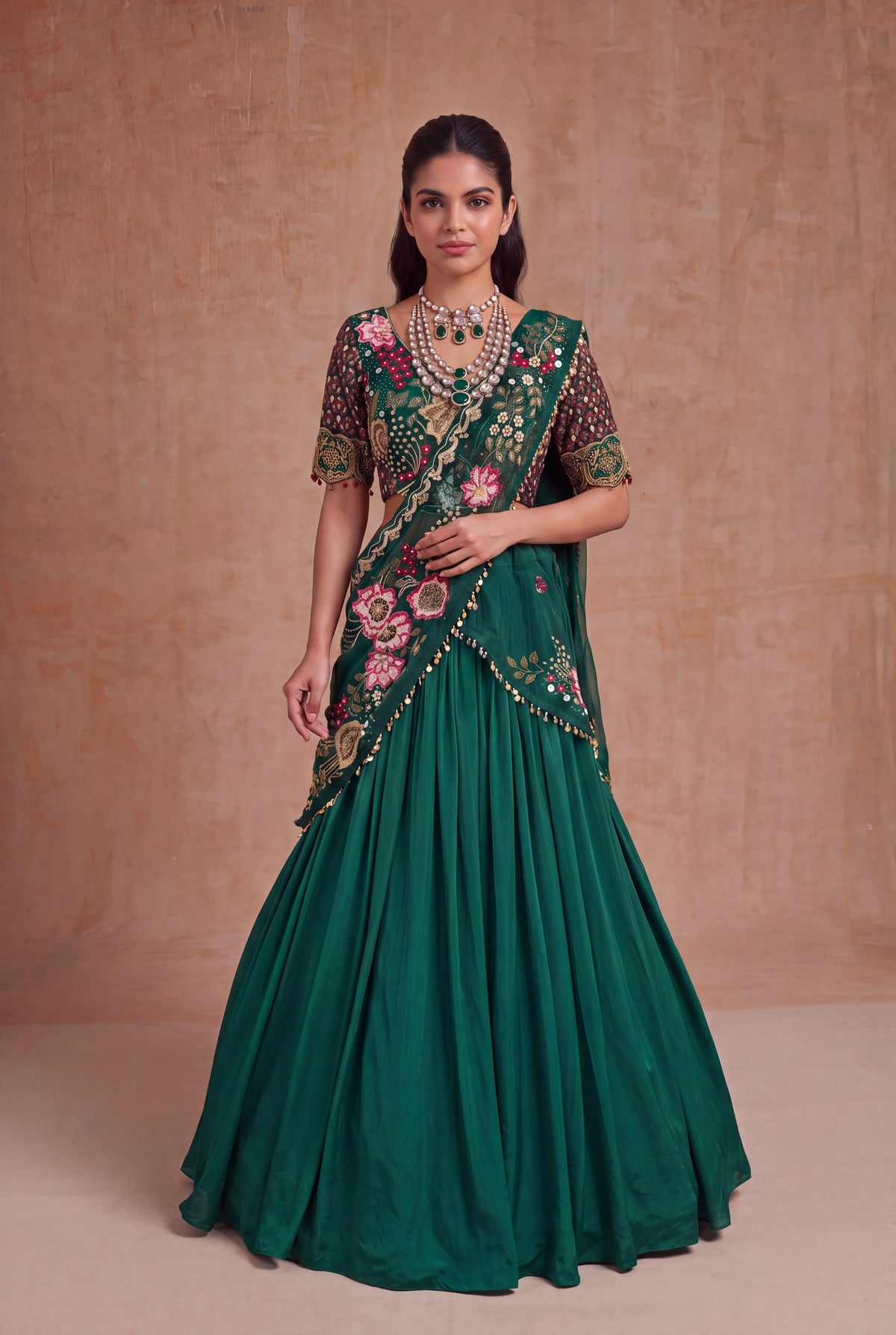 Emerald Green Draped Silk Lehenga set