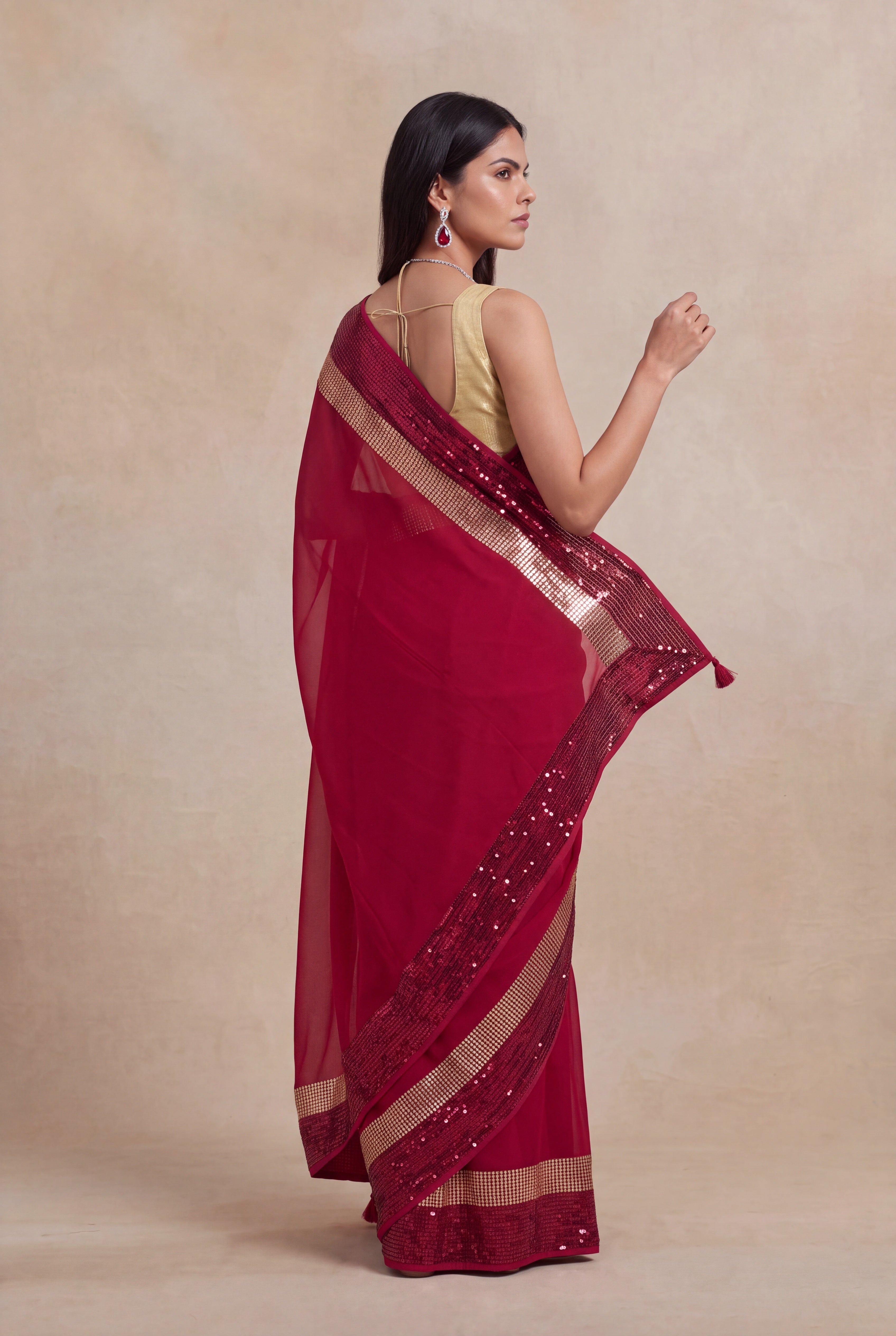 Red Georgette Saree with Sequins Border
