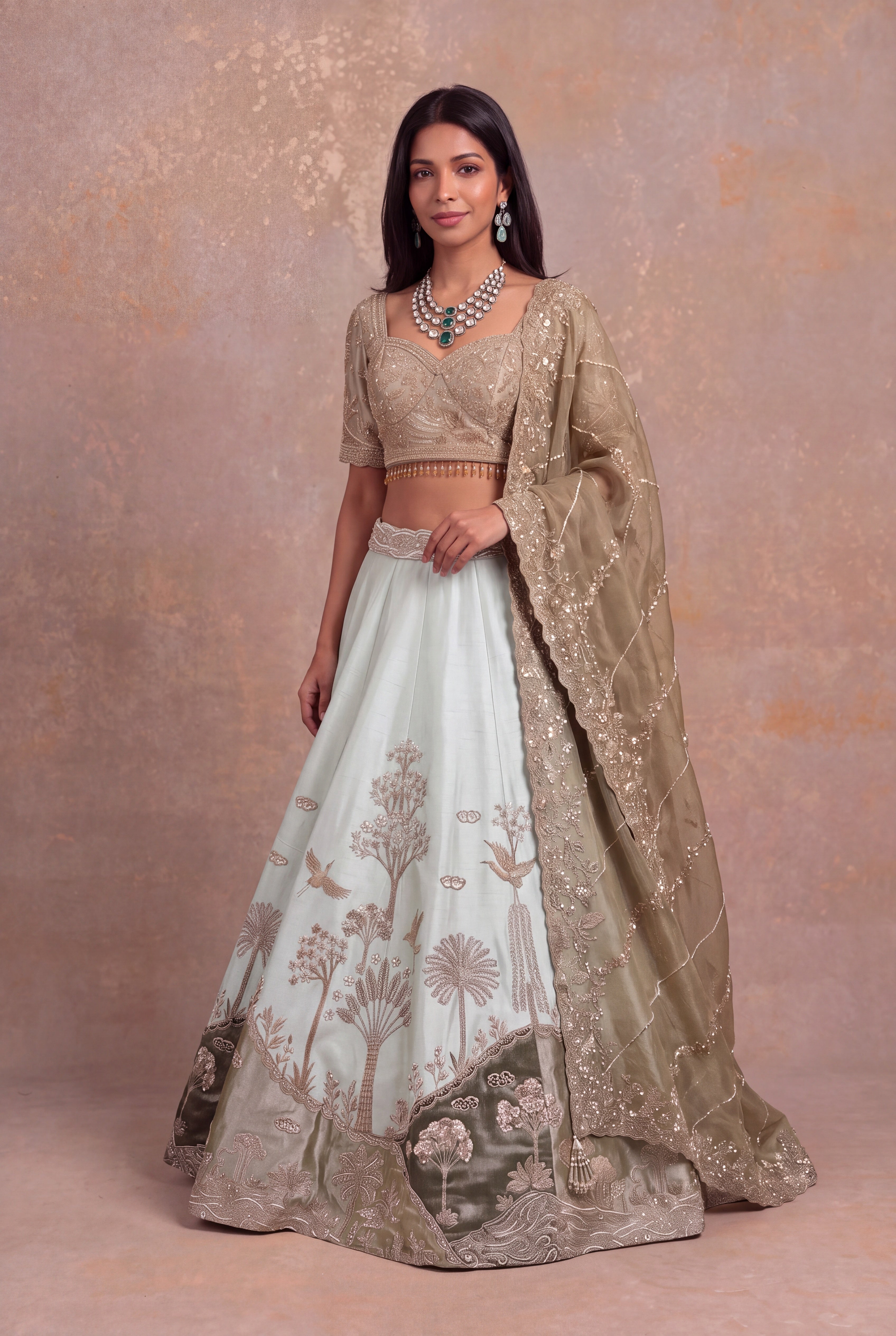 Pista Green Raw Silk Lehenga