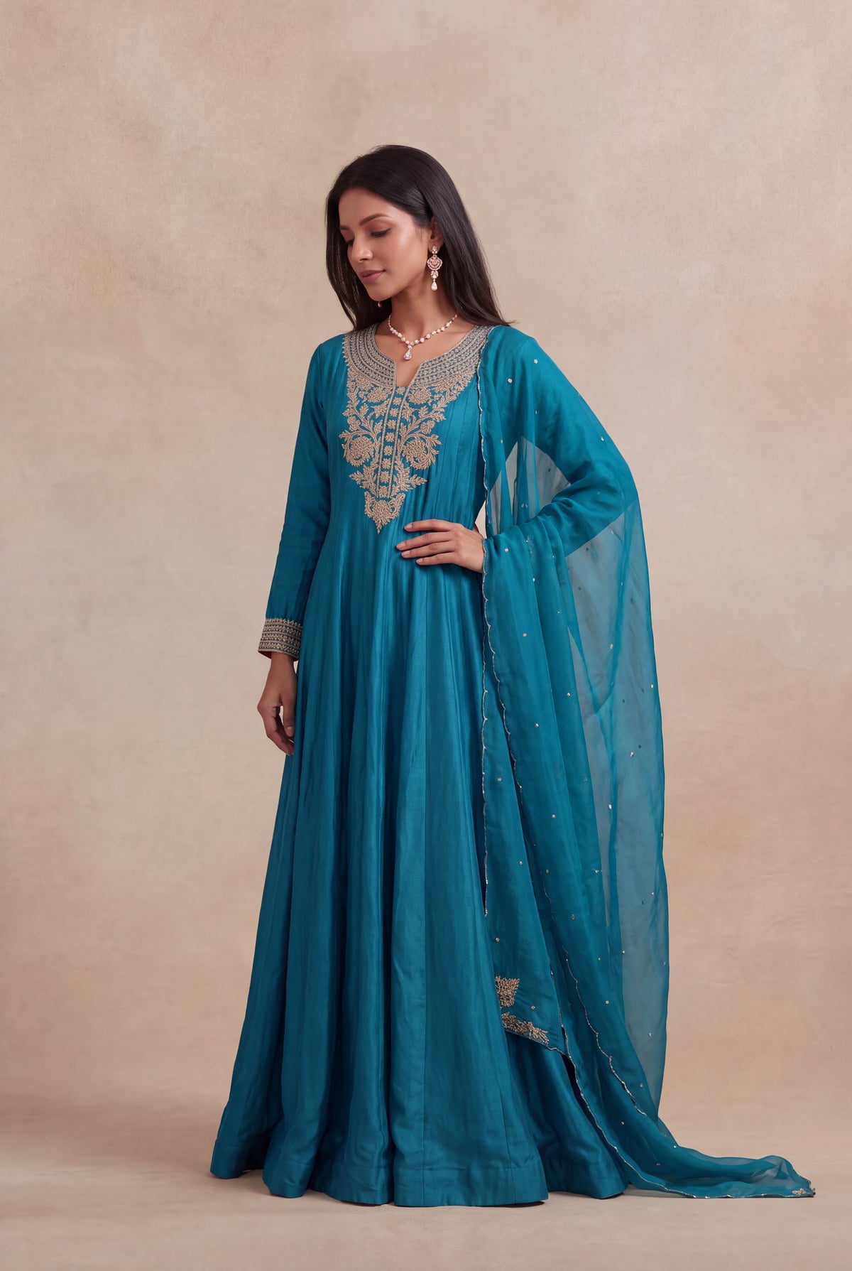Teal Blue Chinon Silk Anarkali