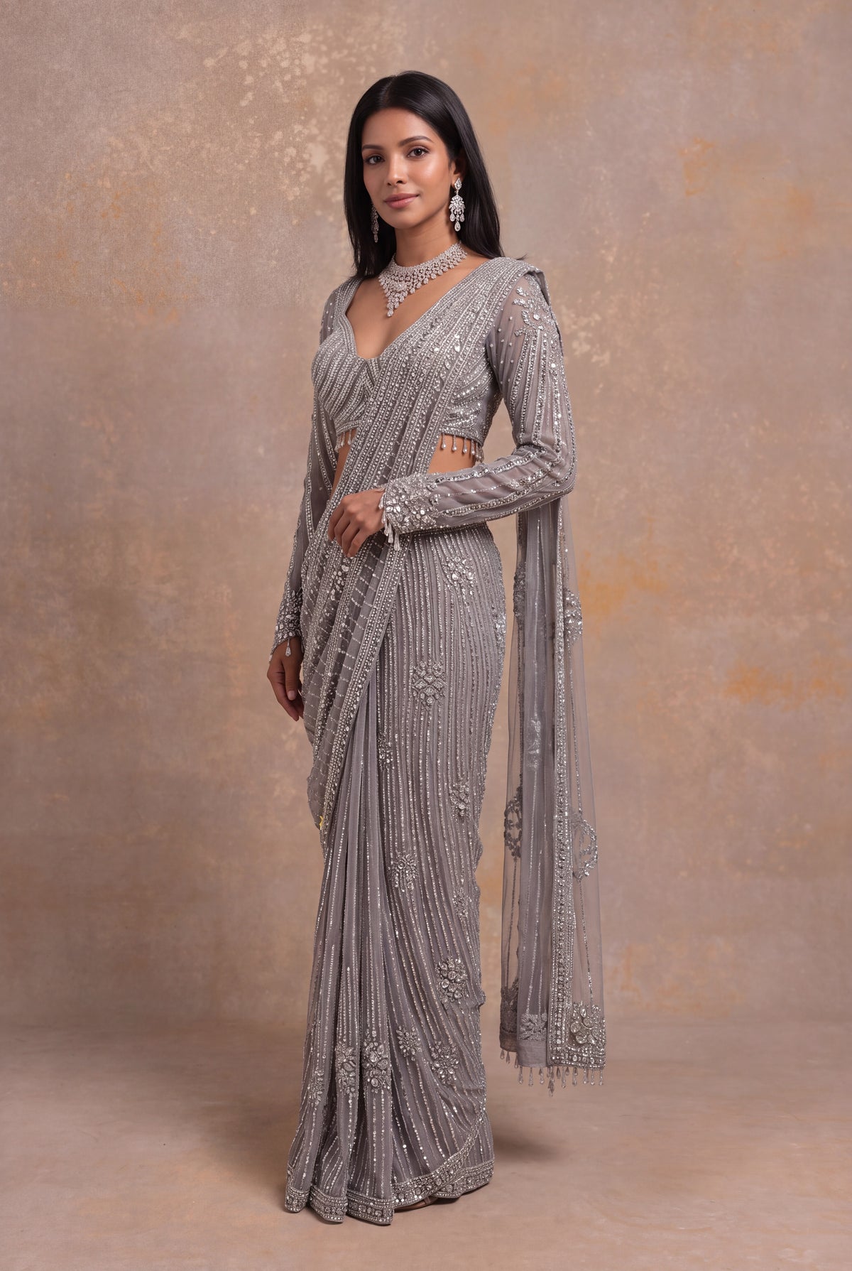 Grey Net Drape Saree with Stone Embroidery