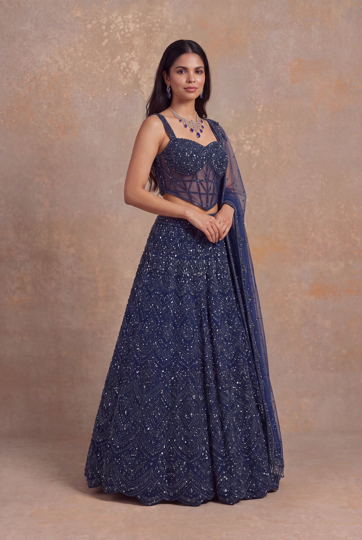 Navy Blue Net Corset Lehenga