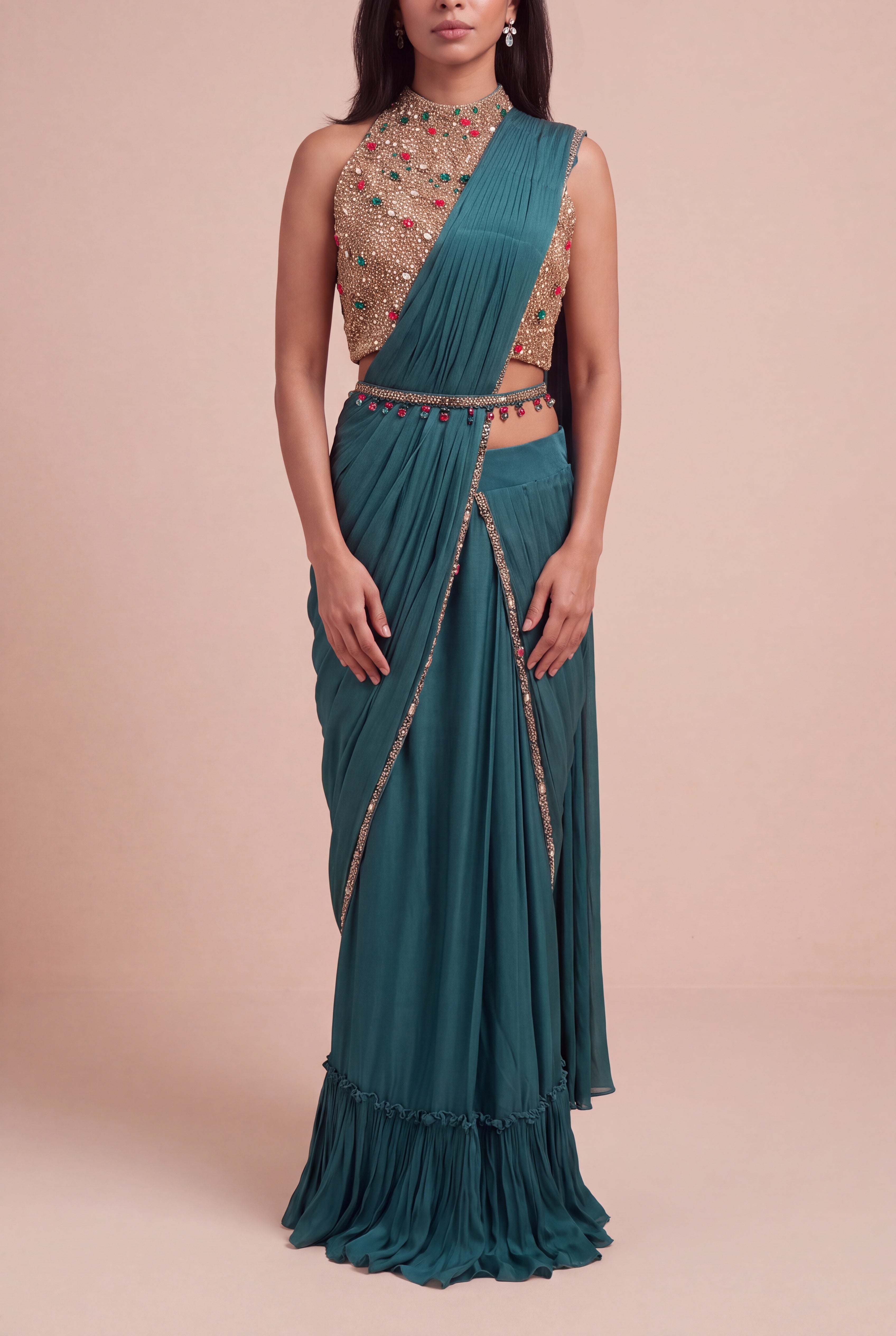 Emerald Green Draped Saree with Jewel-Embroidered Halter Blouse