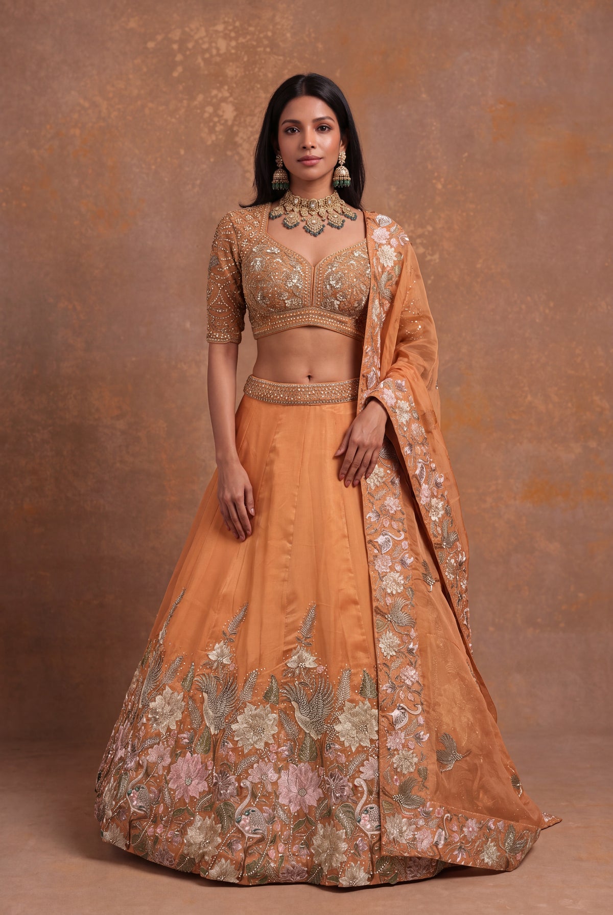 Light Orange Organza Tissue Floral Embroidered Lehenga