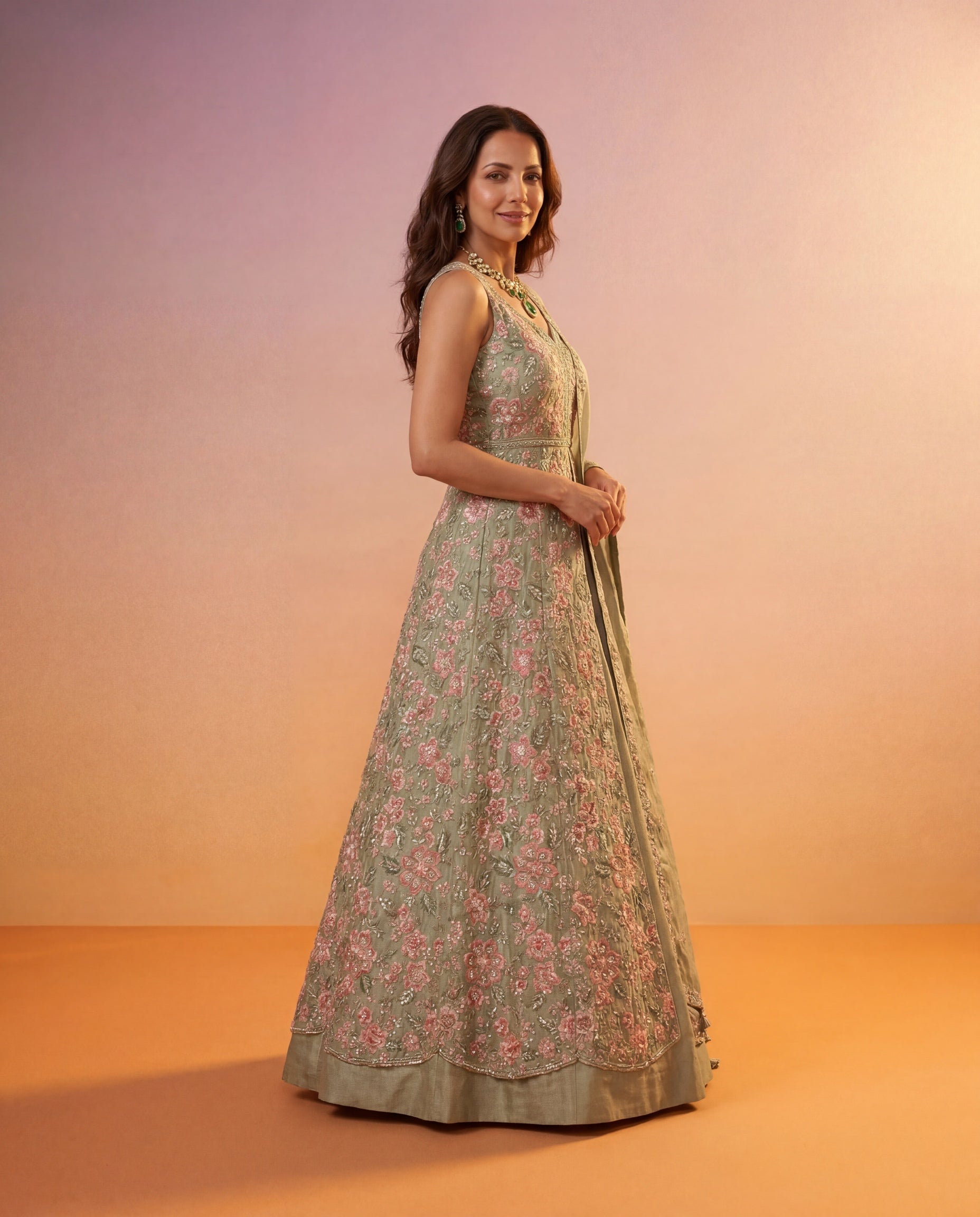 Sage Green Tissue Silk Indo-Western Lehenga