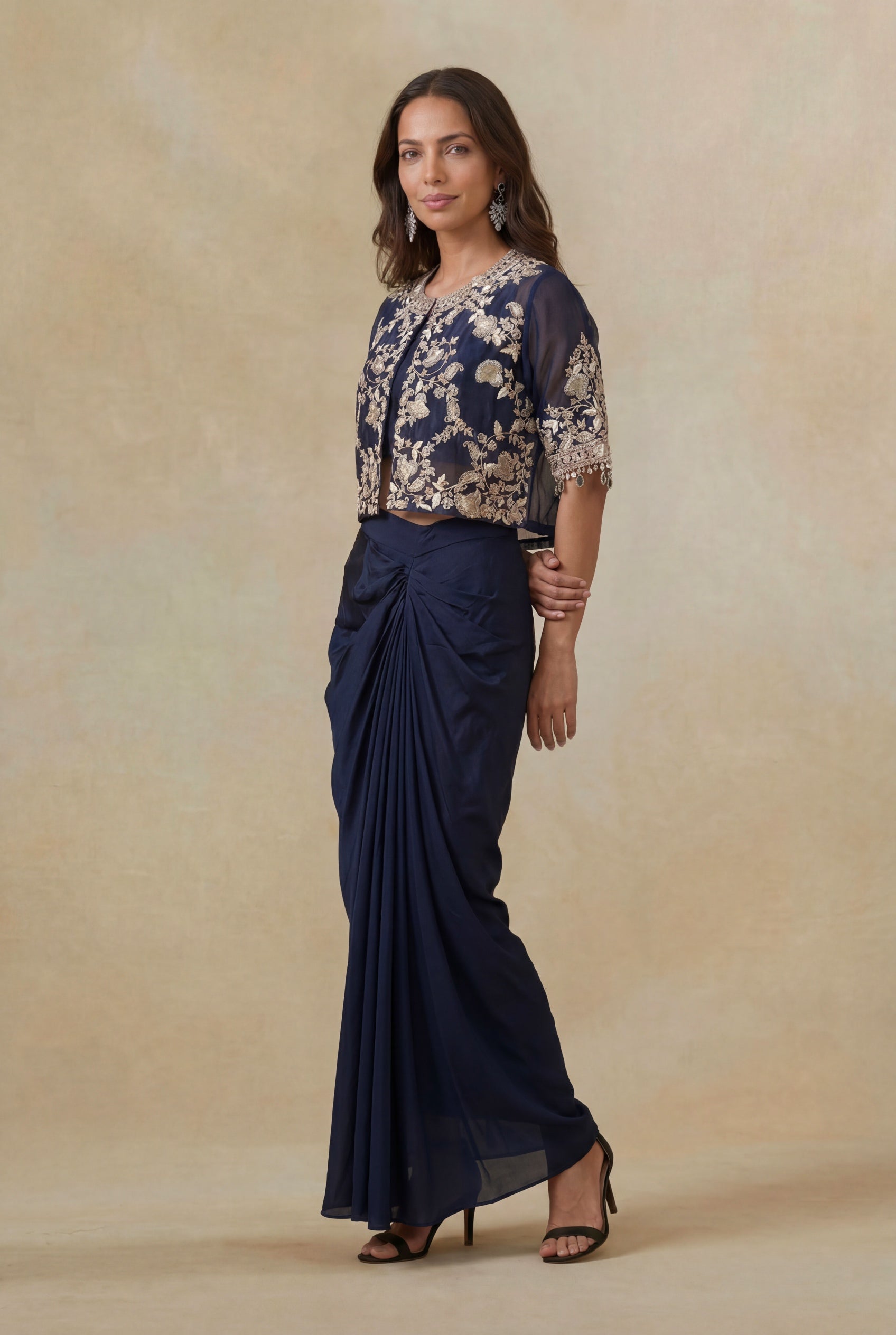Navy Blue Embroidered Silk Indo-Western