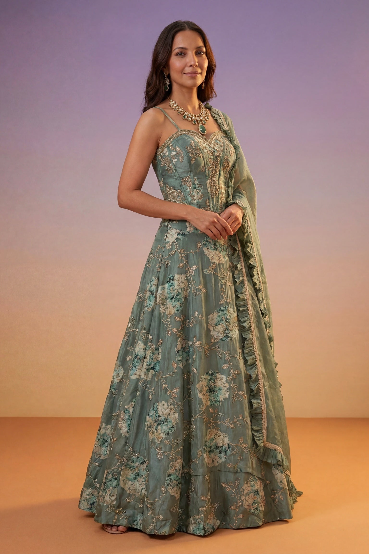 Sage Green Tissue Silk Corset Lehenga set