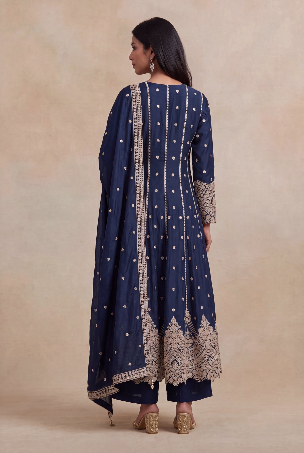Navy Blue Raw Silk Anarkali Set