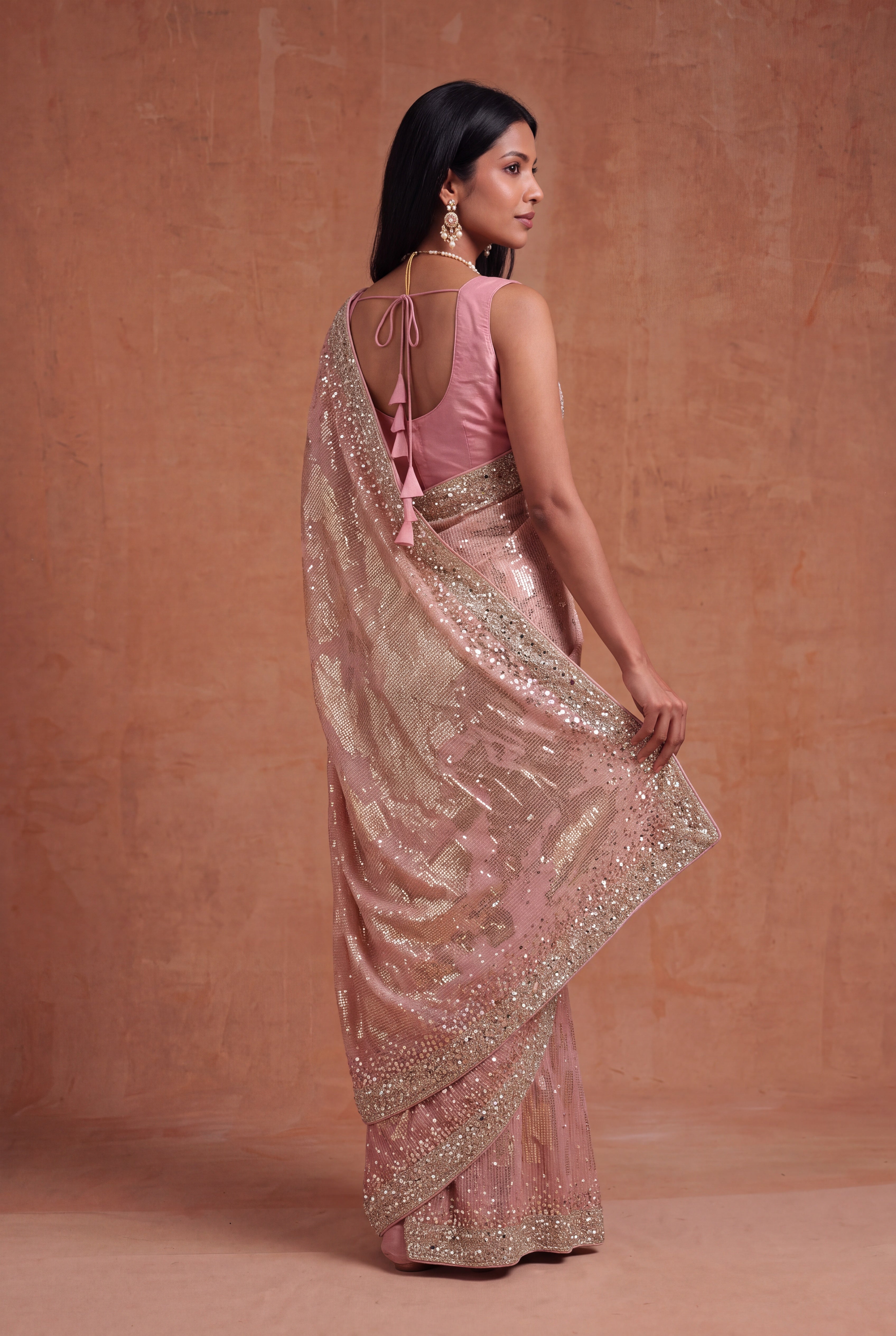 Peach Georgette Saree with Sequin & Mirror Work