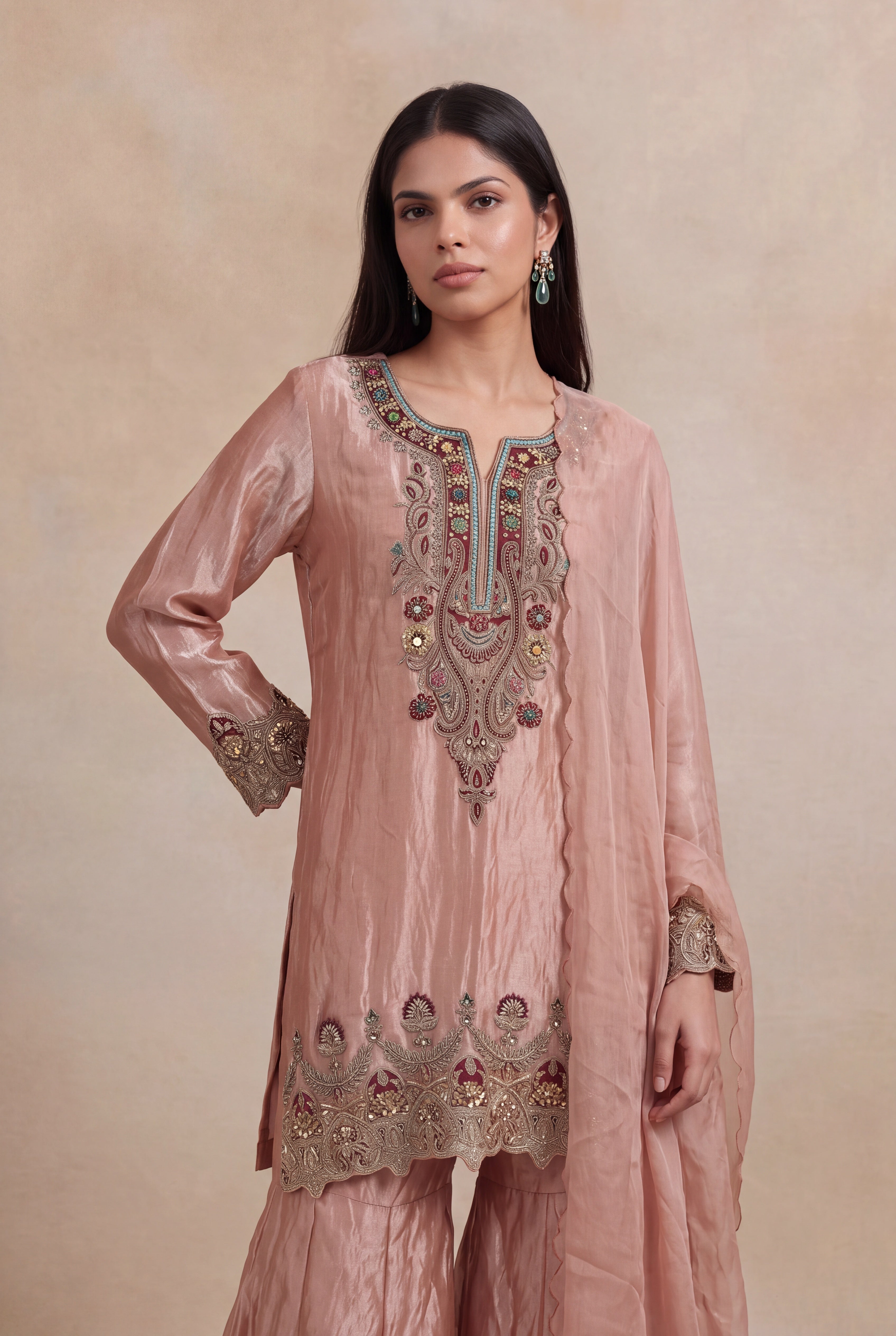 Blush Pink Tissue Sharara Set with Zardosi & Kundan Work