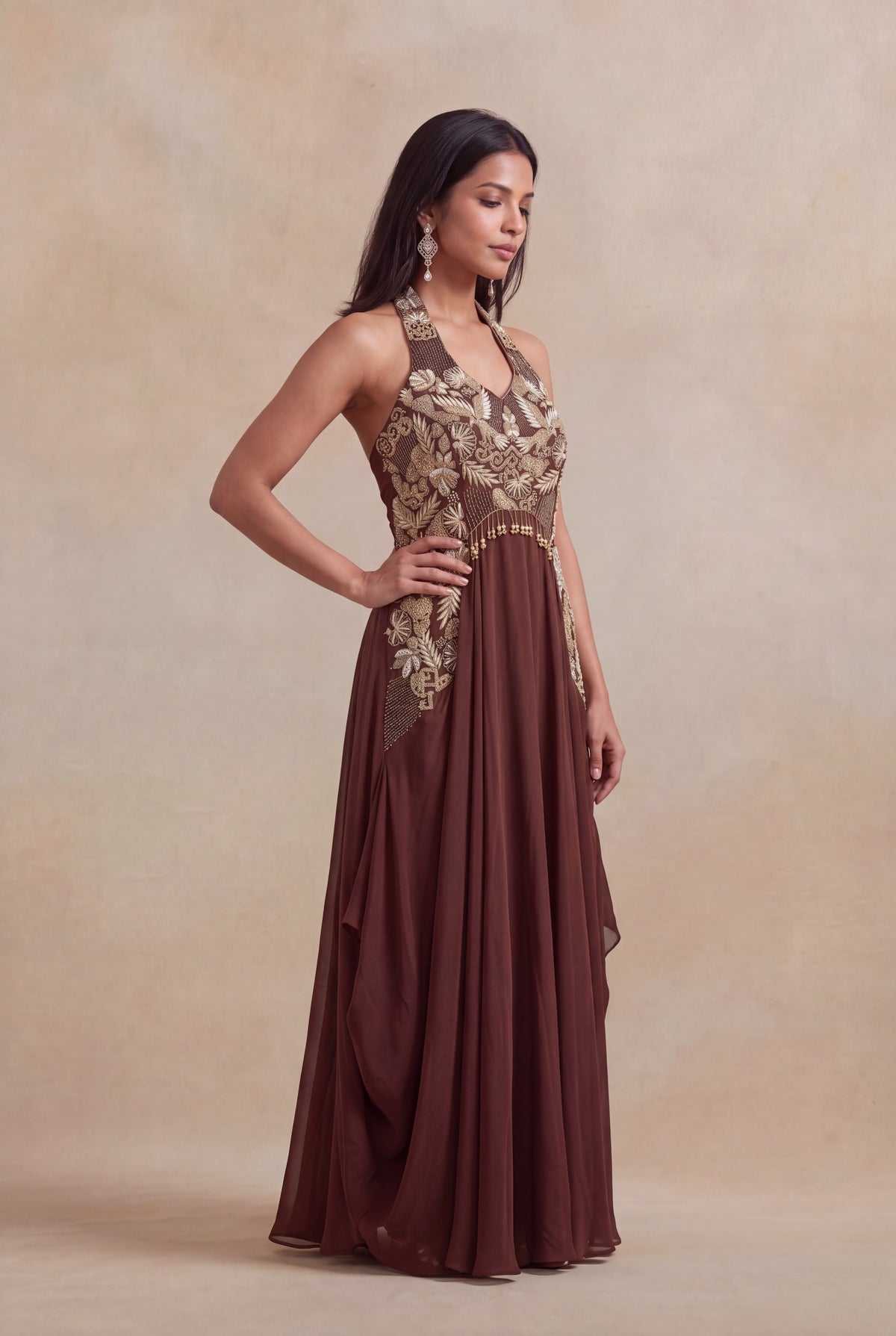 Brown Satin Silk Sequin Embroidered Western Gown - Mokshaa