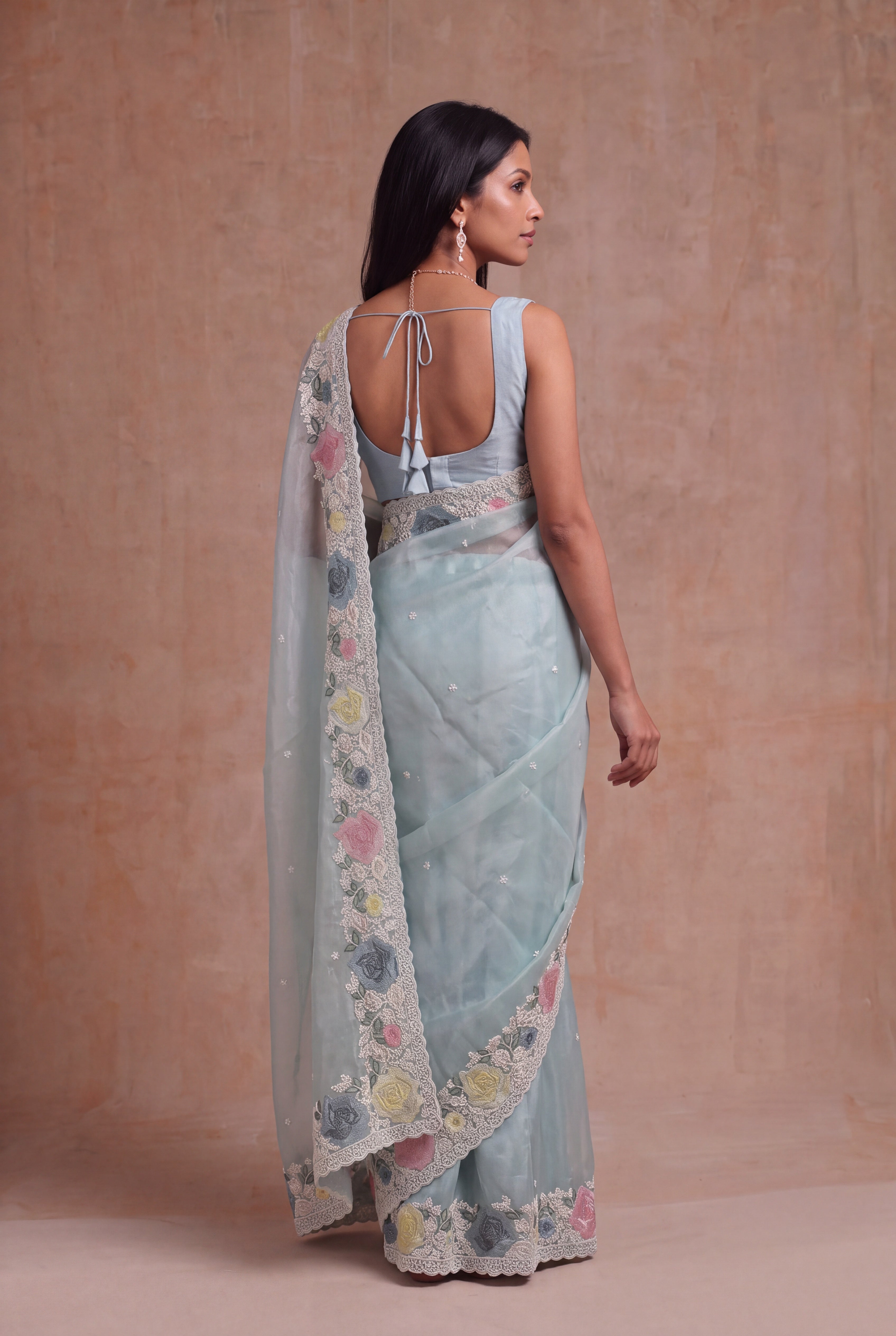 Ice Blue Tissue Organza Saree with Floral Embroidery