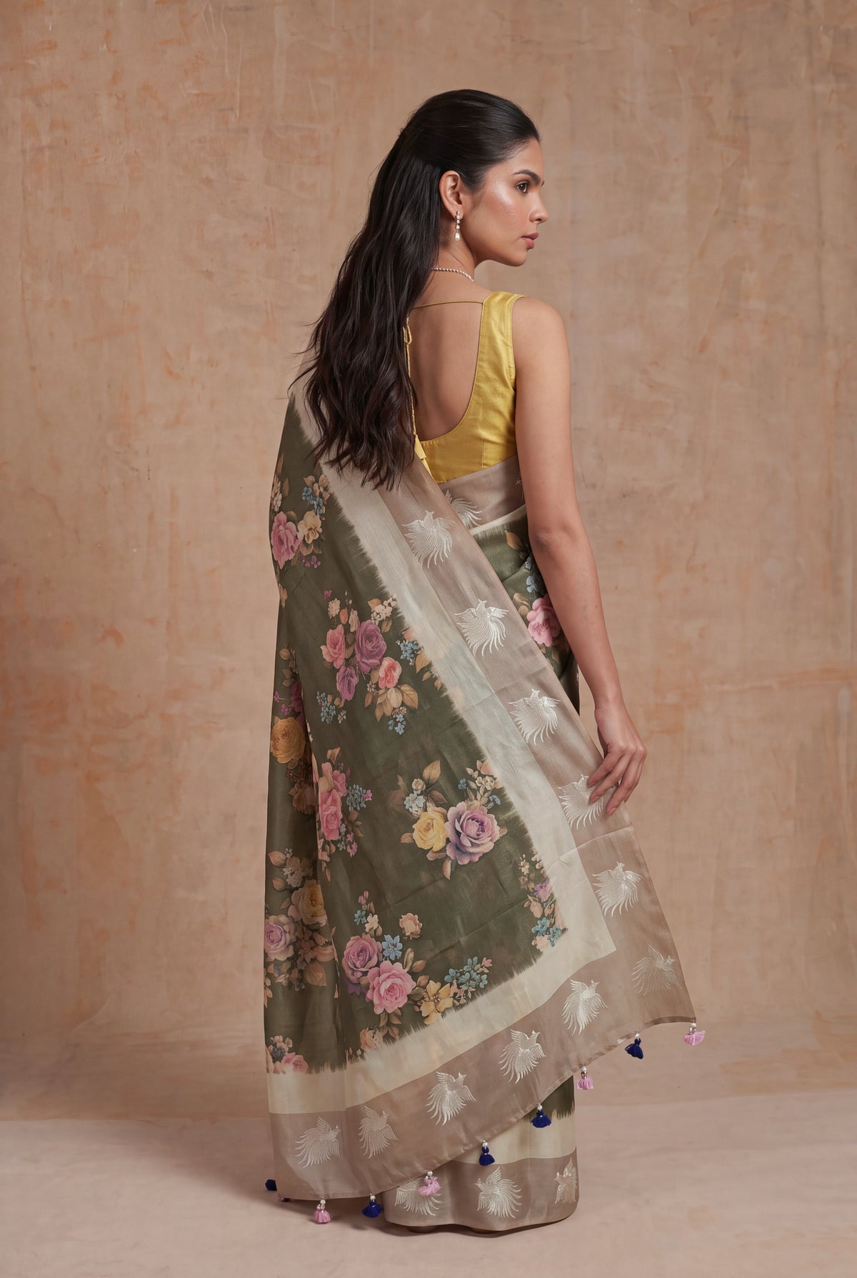 Olive Green Tussar Silk Saree