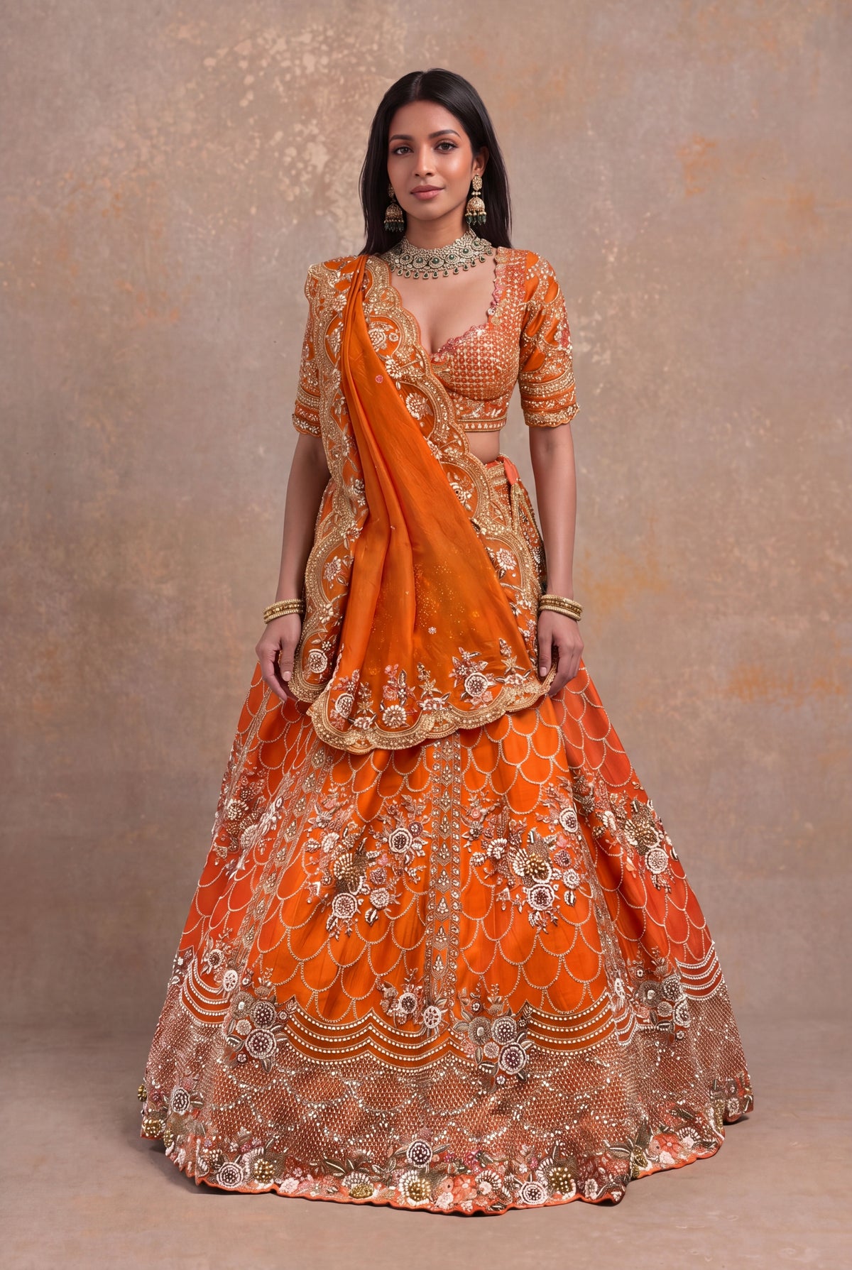 Orange Raw Silk Lehenga