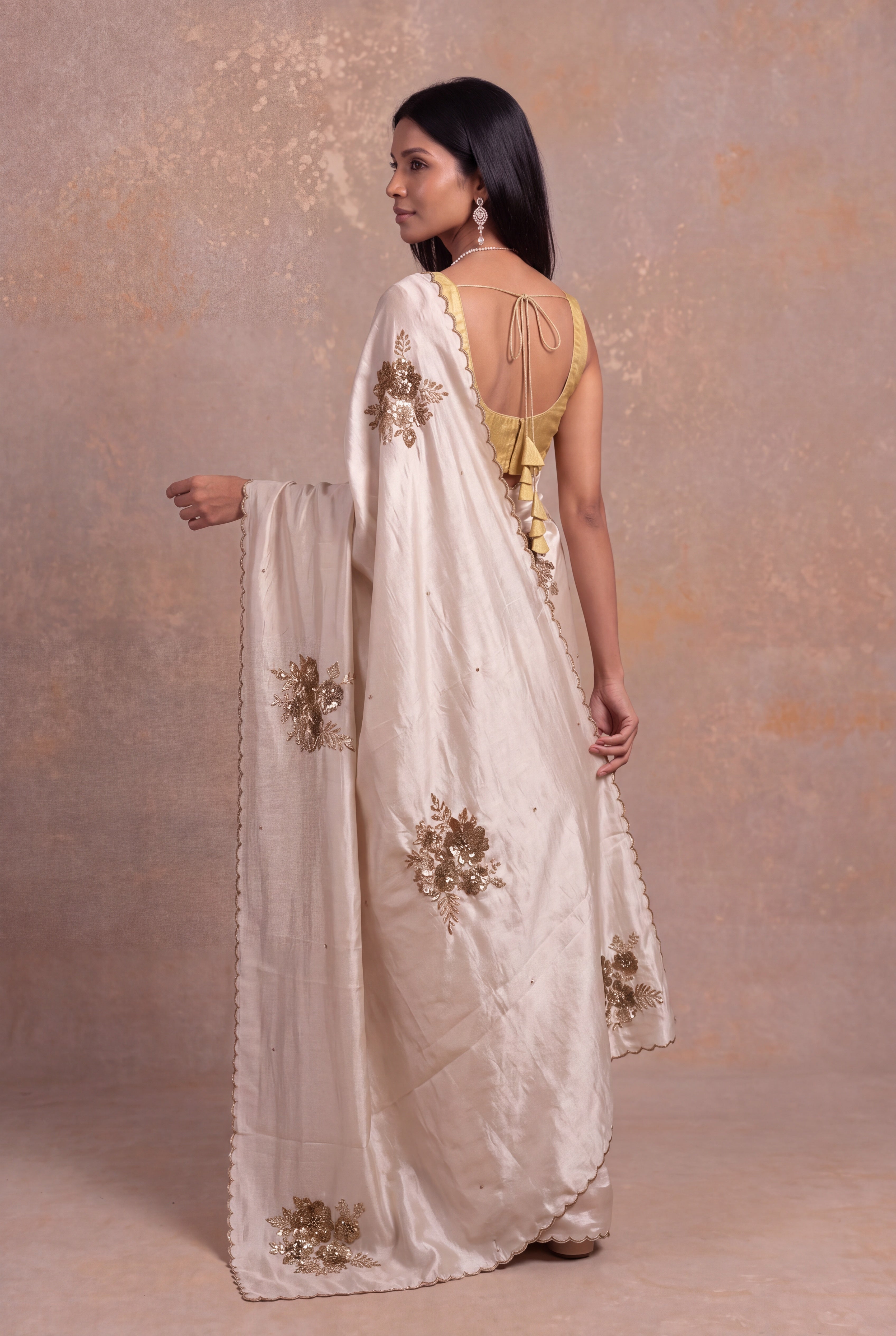 Ivory Silk Saree with Antique Sequin & Bead Floral Work